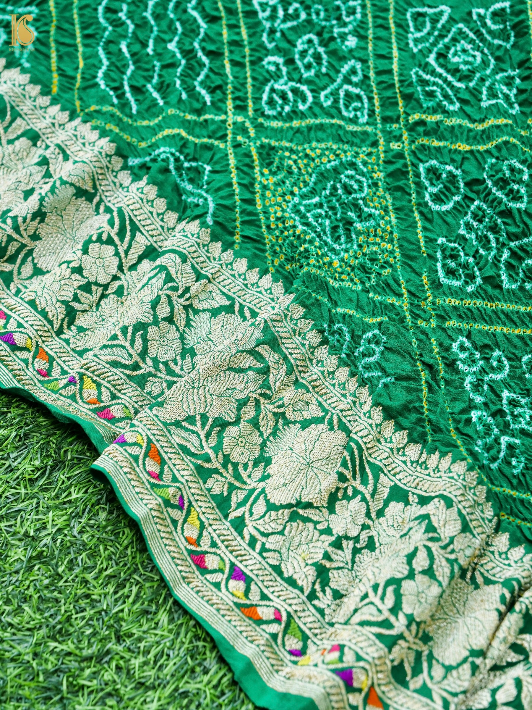 Georgette Banarasi Bandhani Diamond Jaal Dupatta in Bottle Green