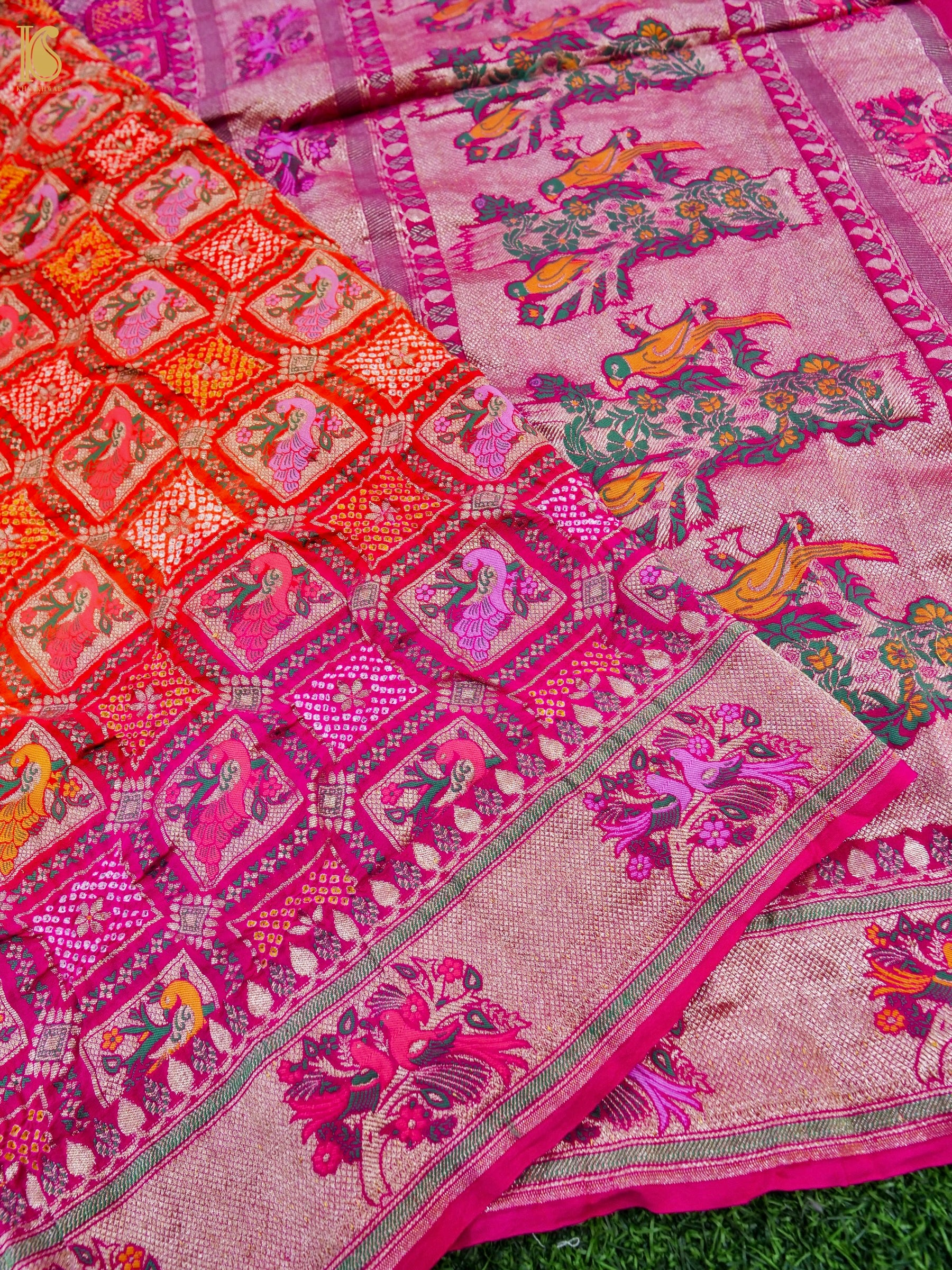 Georgette Banarasi Bandhani Bird Dupatta in Orange Magenta