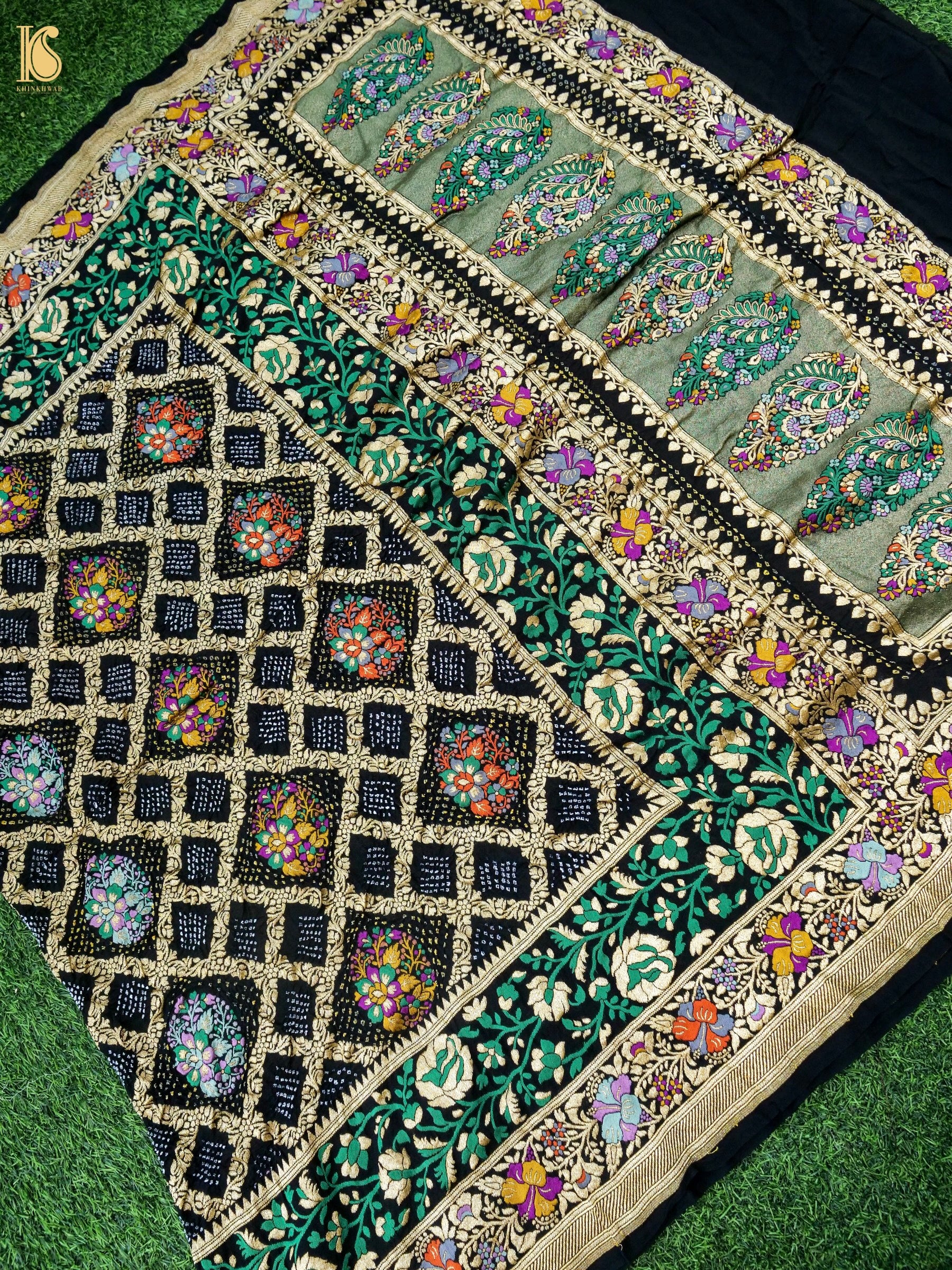 Georgette Banarasi Bandhani Floral Jaal Dupatta in Black