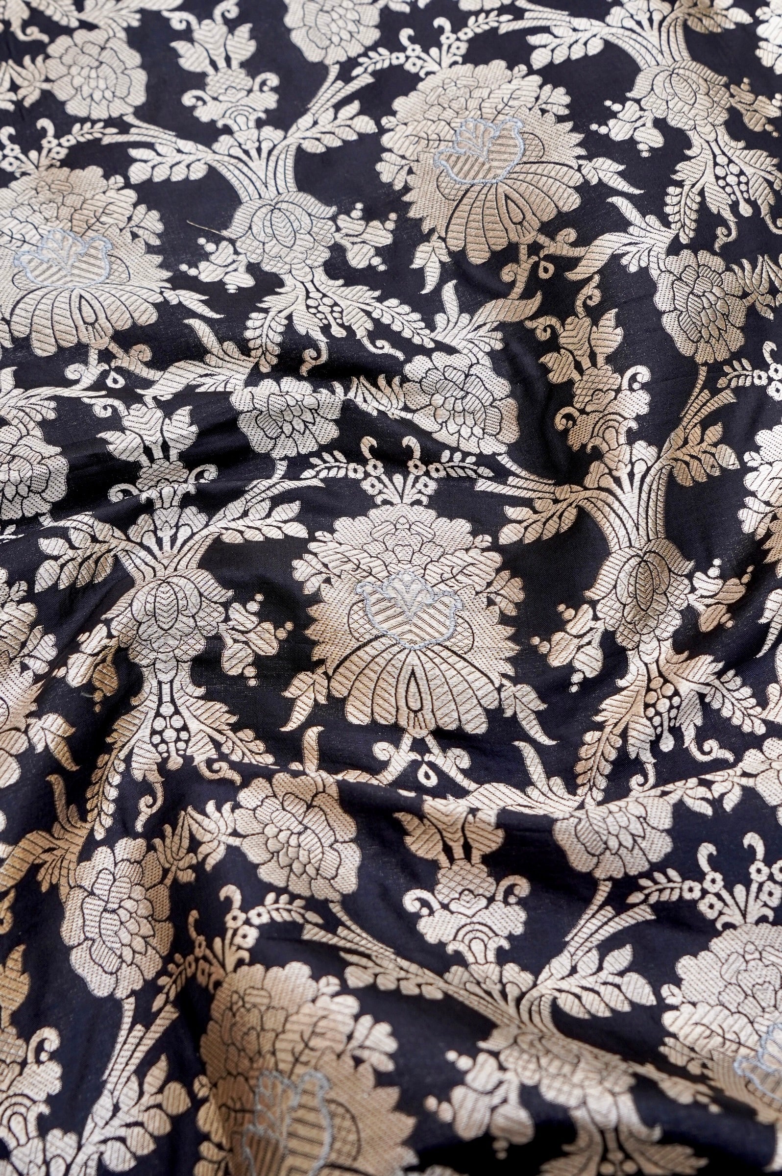 Pure Brocade Banarasi Mehraab Fabric in Black - Khinkhwab
