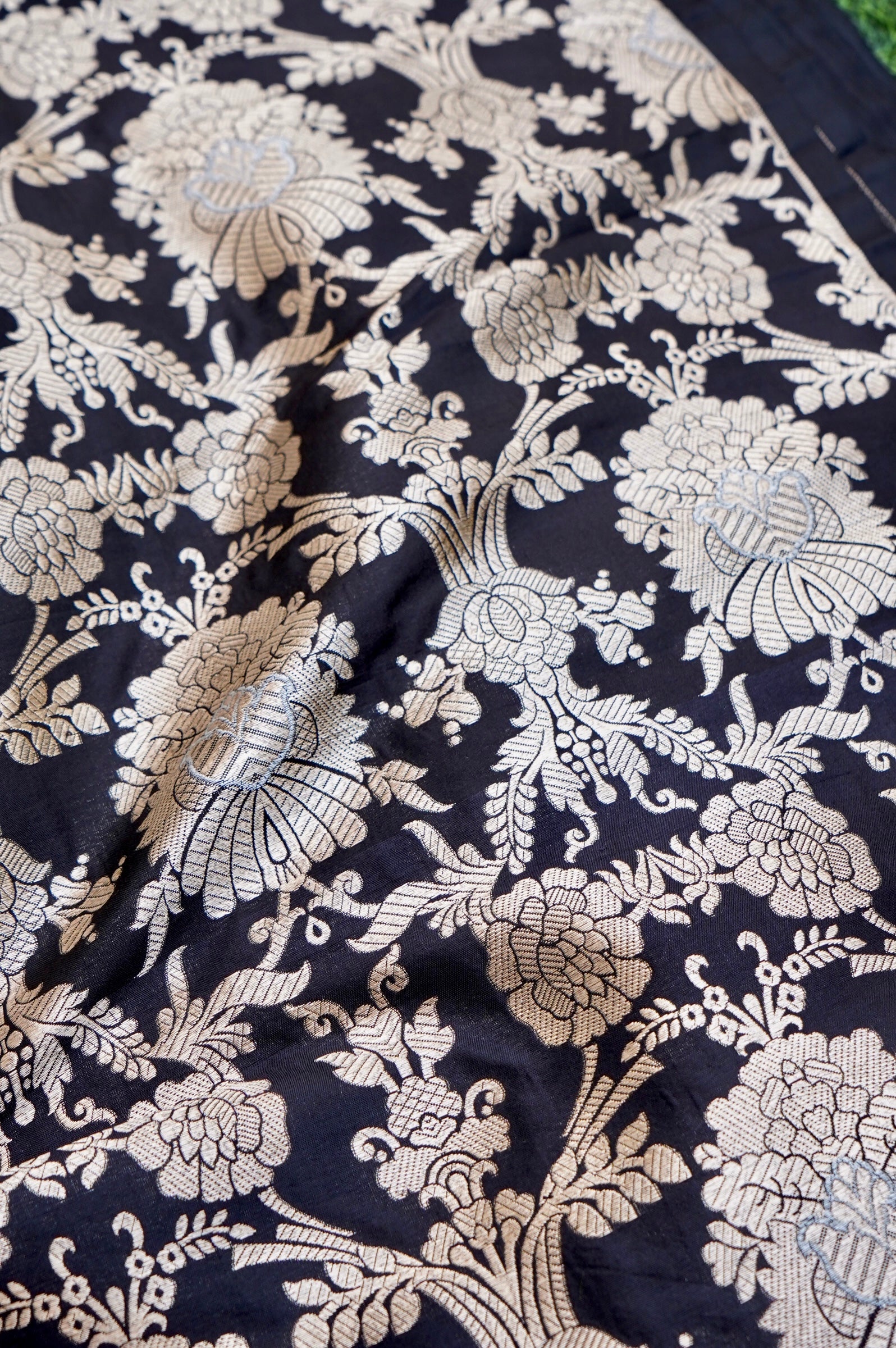Pure Brocade Banarasi Mehraab Fabric in Black - Khinkhwab