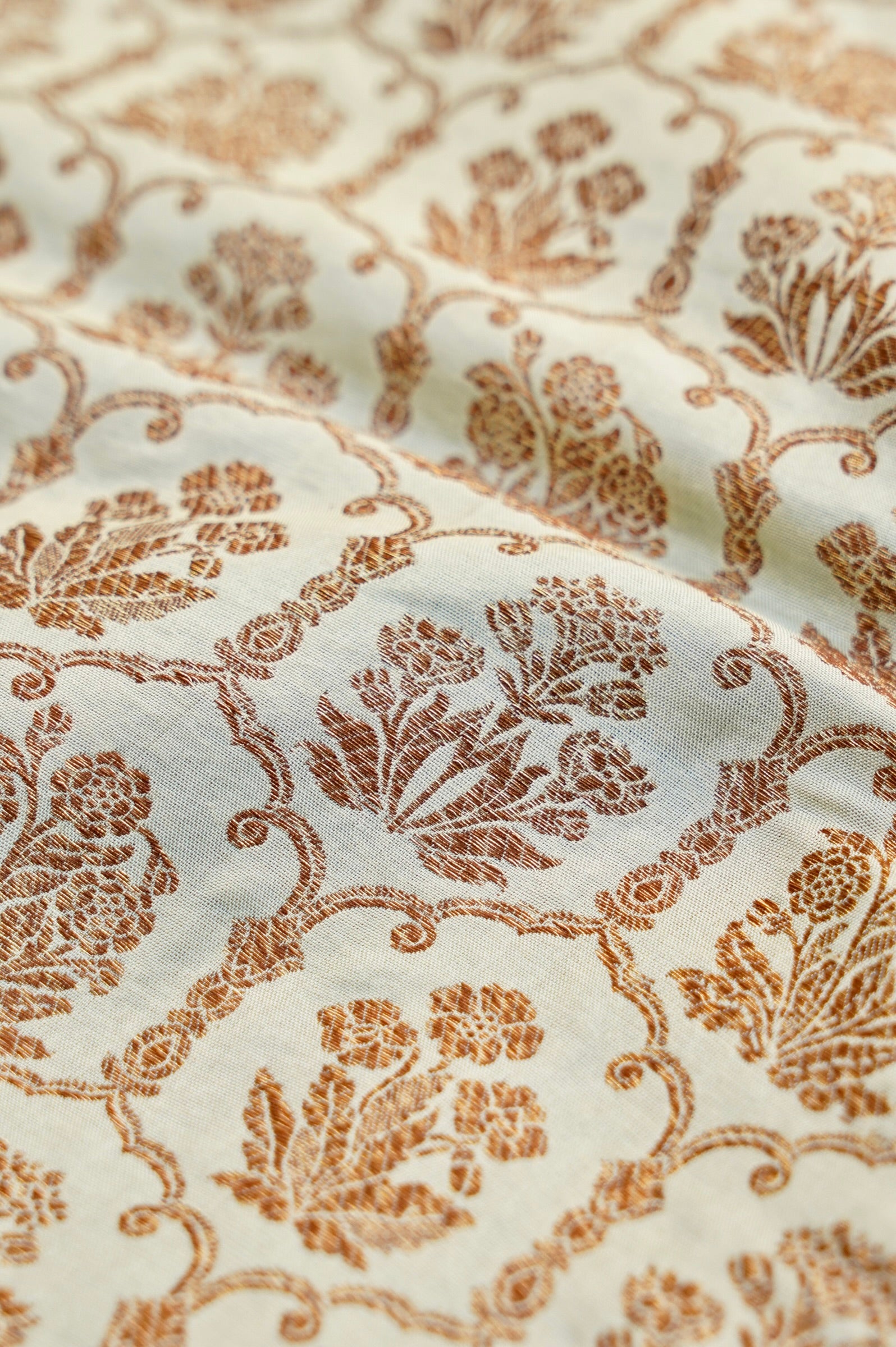 Pure Brocade Banarasi Fabric in Beige Floral Jaal - Khinkhwab