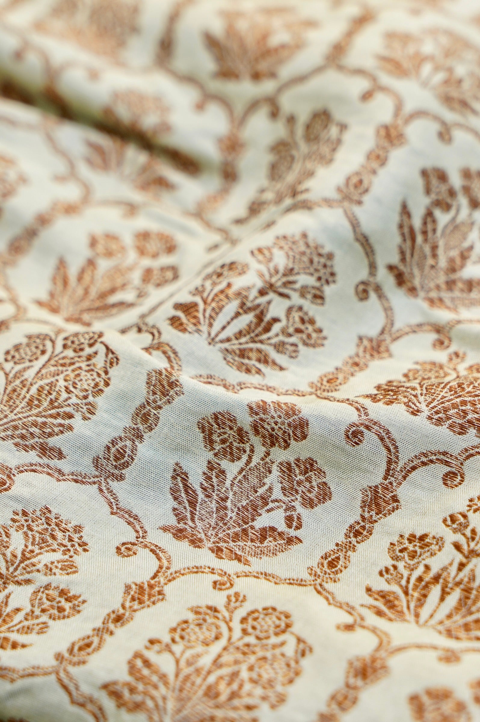 Pure Brocade Banarasi Fabric in Beige Floral Jaal - Khinkhwab