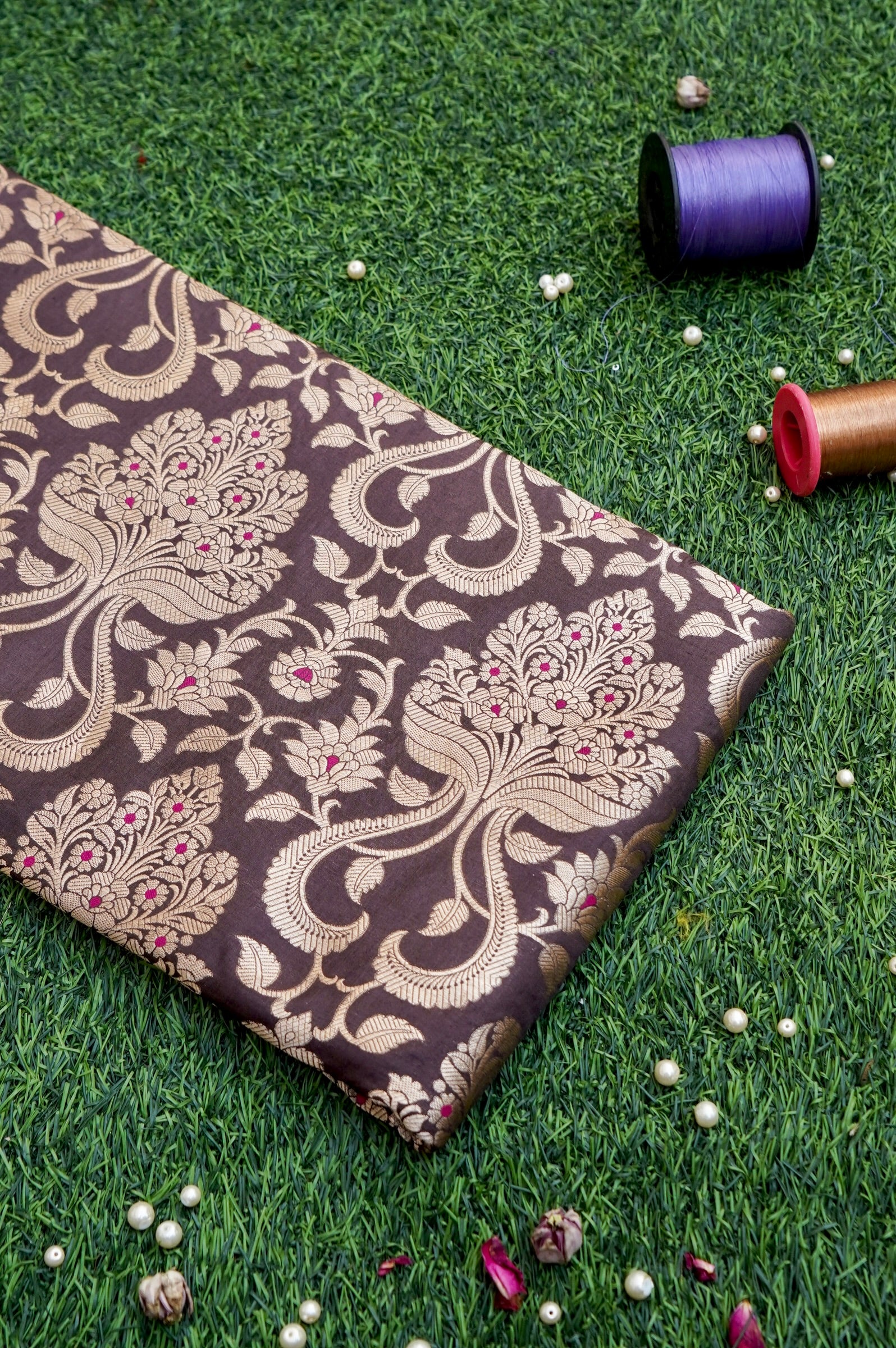 Pure Brocade Banarasi Guldaan Fabric in Brown - Khinkhwab