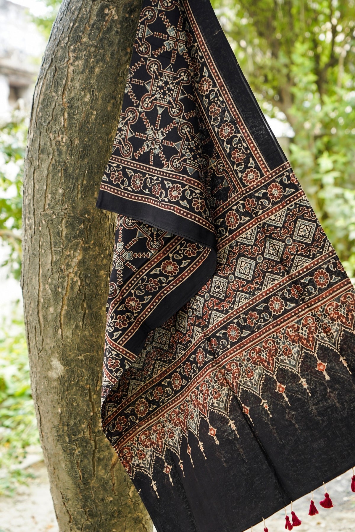 Hand Block Pure Cotton Ajrakh Stole in Black and Rust Red