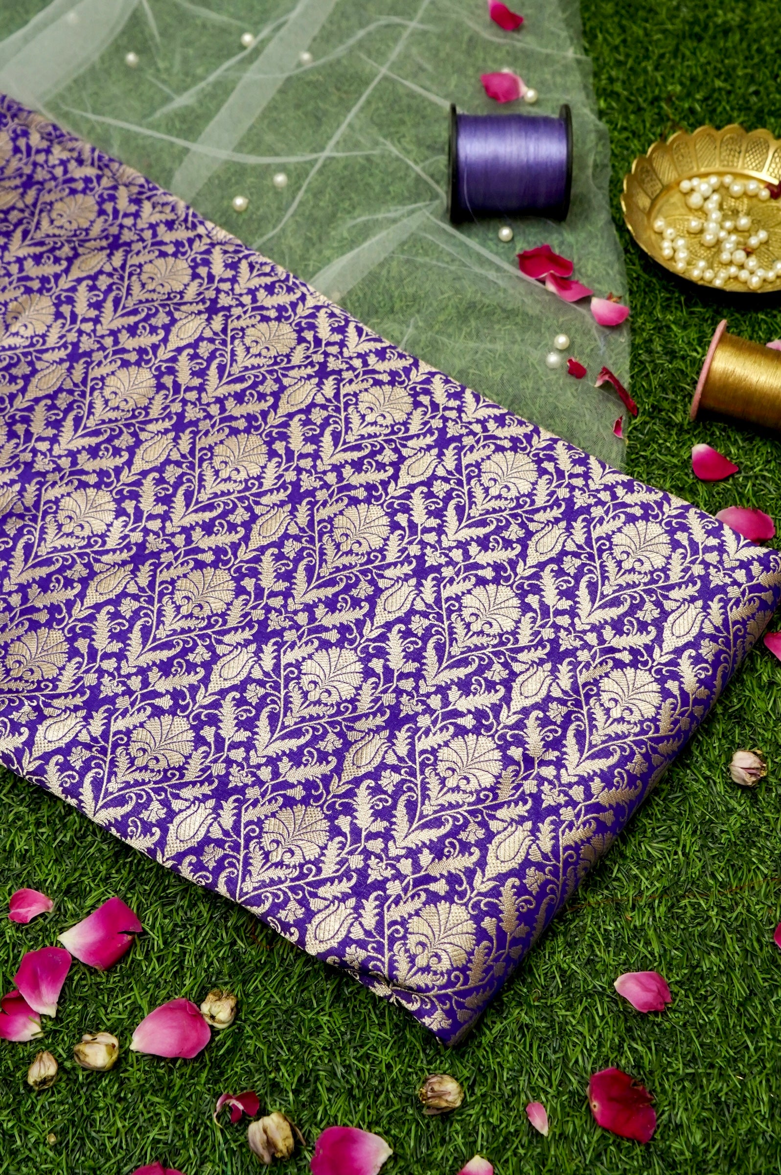 Pure Brocade Banarasi Tulip Fabric in Purple - Khinkhwab