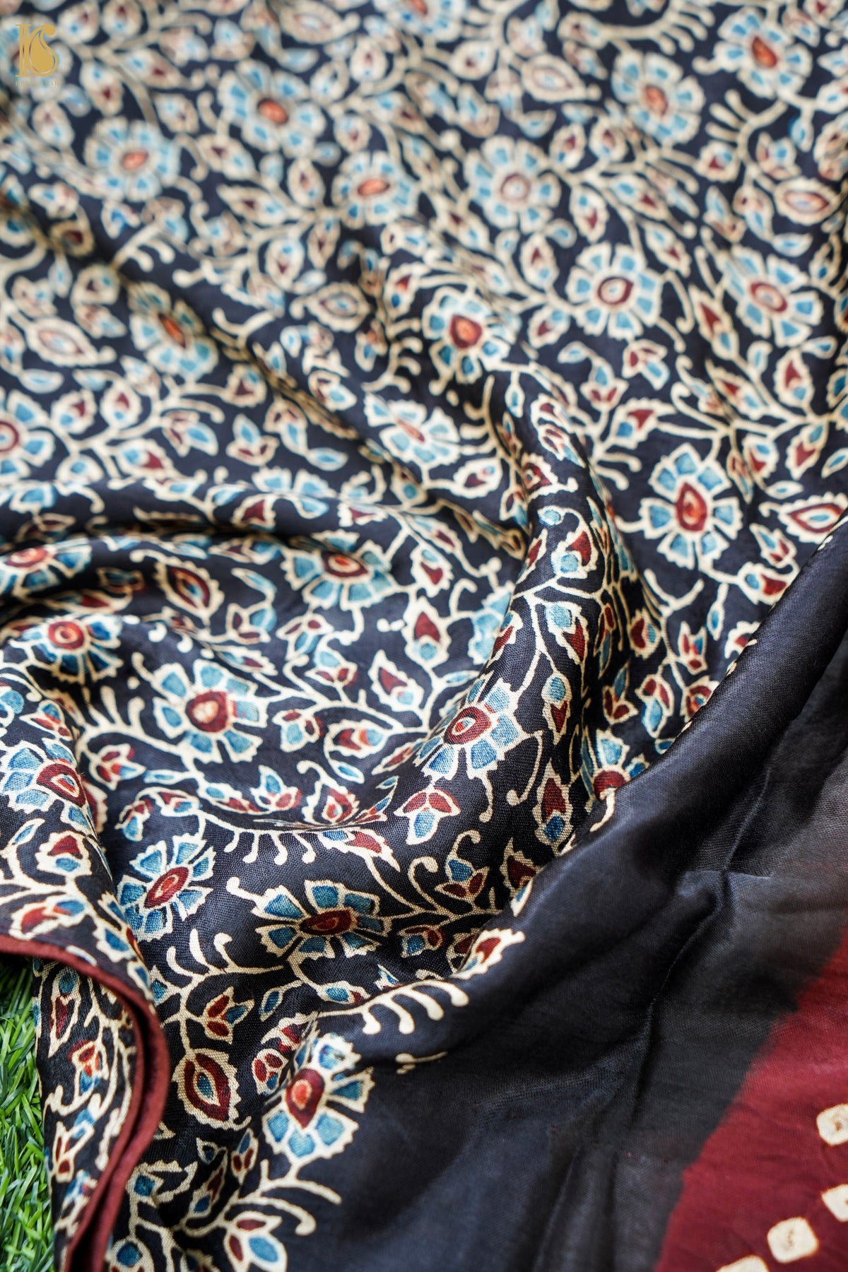 Hand Block Ajrakh Bandhani Modal Silk Dupatta with Zari in Black and Maroon