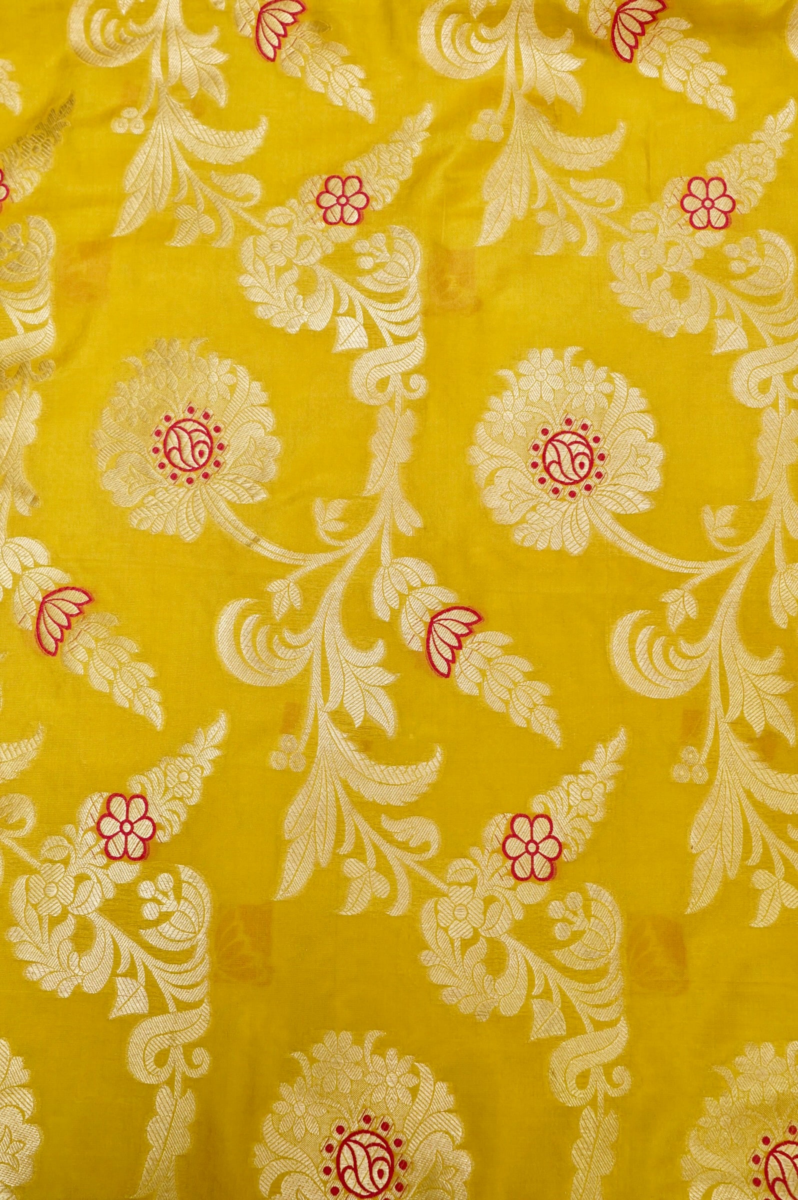 Pure Brocade Banarasi Chrysanthemum Jaal Fabric in Yellow - Khinkhwab