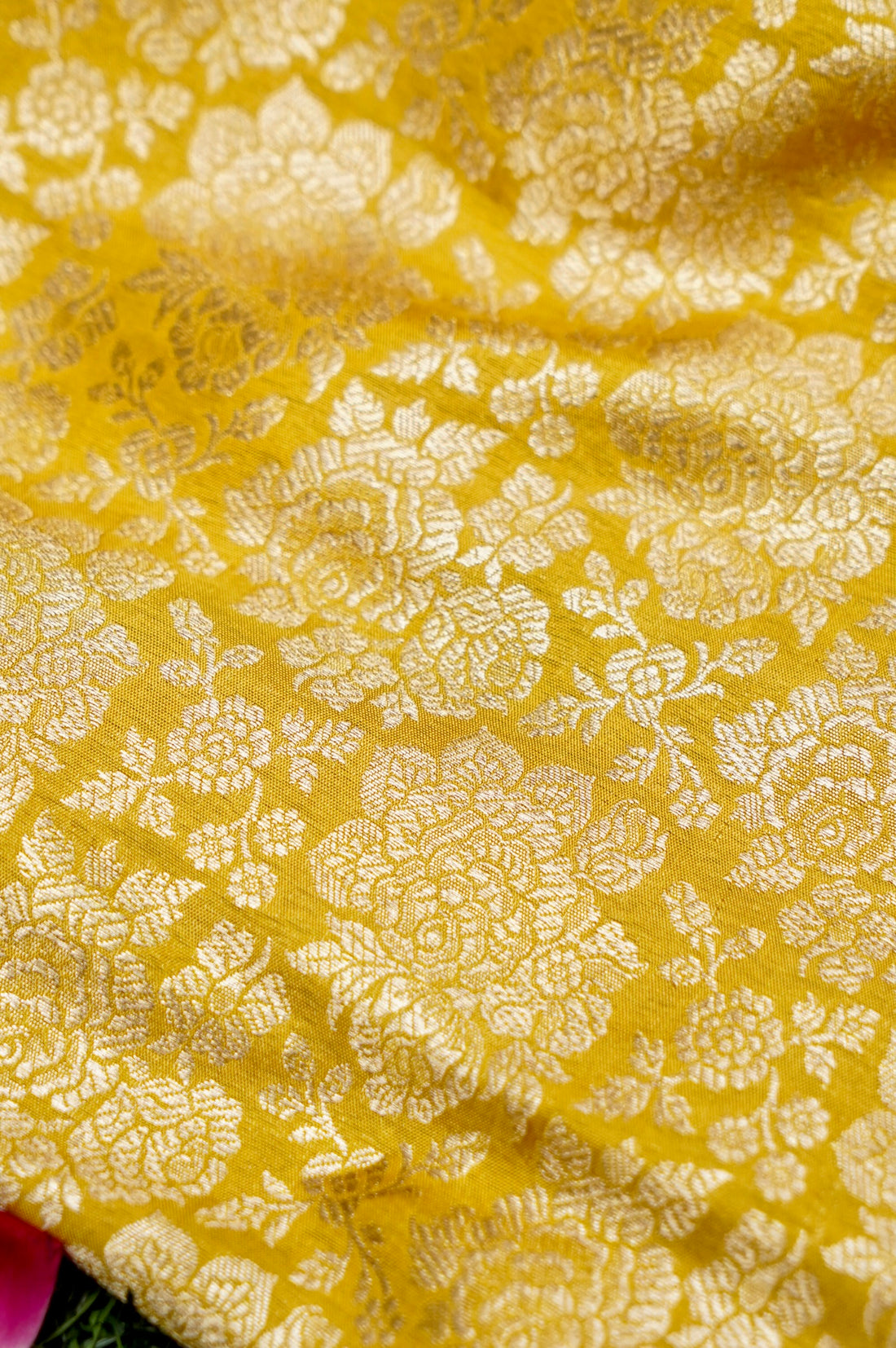 Pure Brocade Banarasi Rose Jaal Fabric in Yellow - Khinkhwab