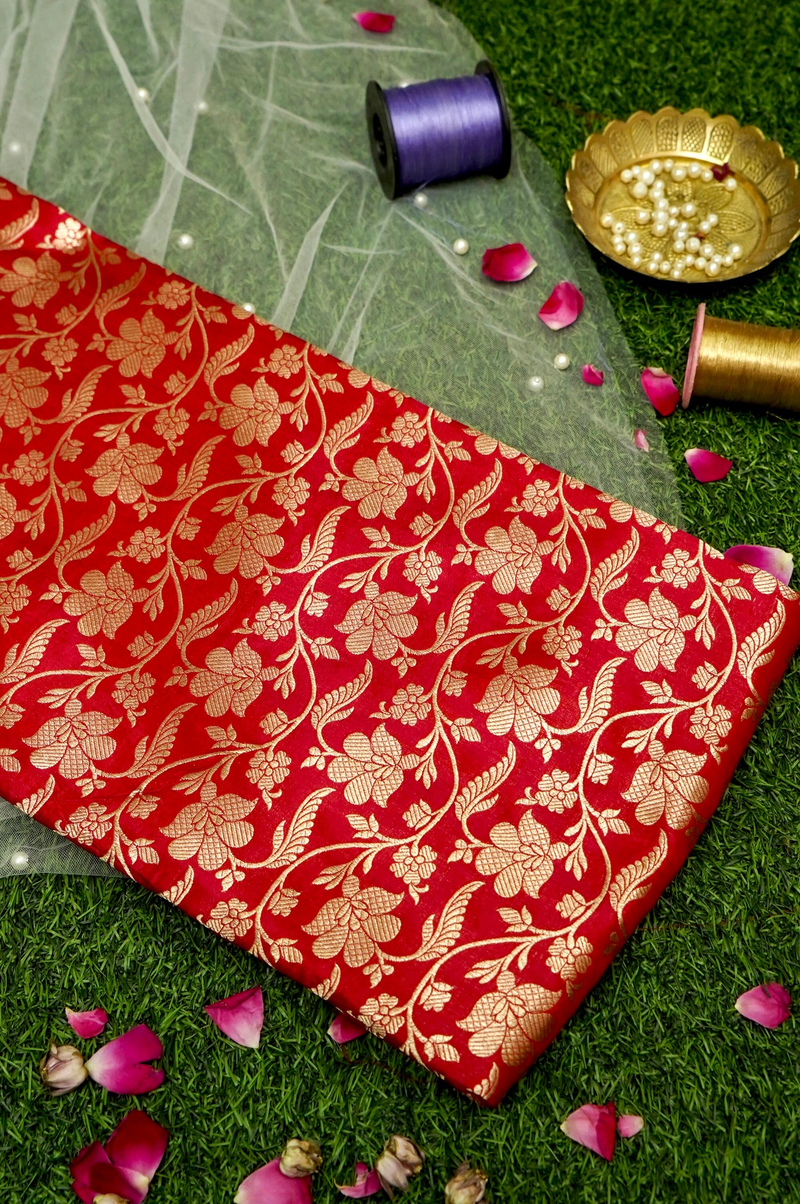 Pure Brocade Banarasi Floral Vine Fabric in Red - Khinkhwab