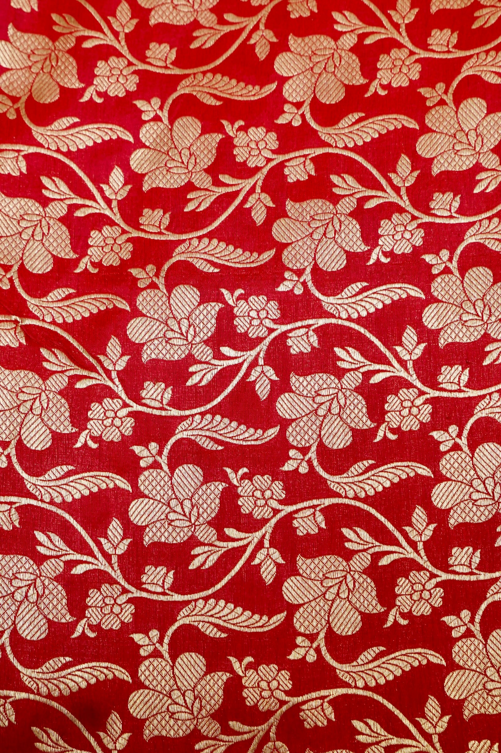 Pure Brocade Banarasi Floral Vine Fabric in Red - Khinkhwab