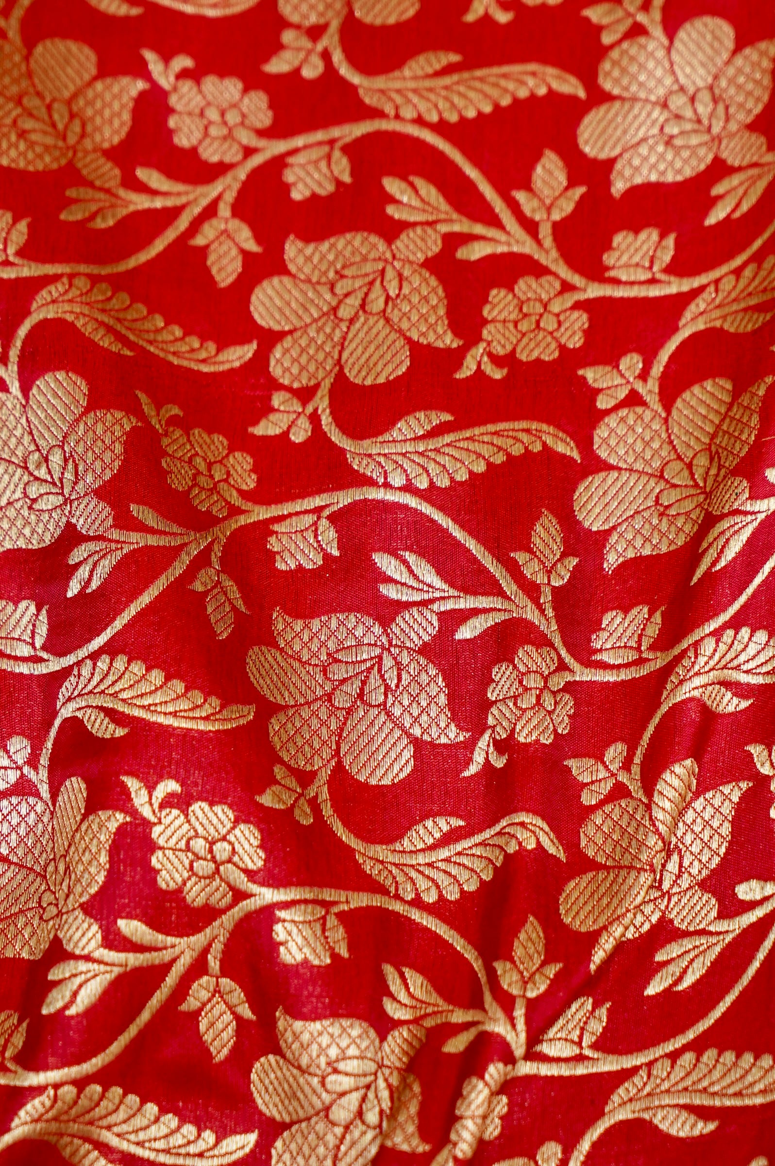 Pure Brocade Banarasi Floral Vine Fabric in Red - Khinkhwab
