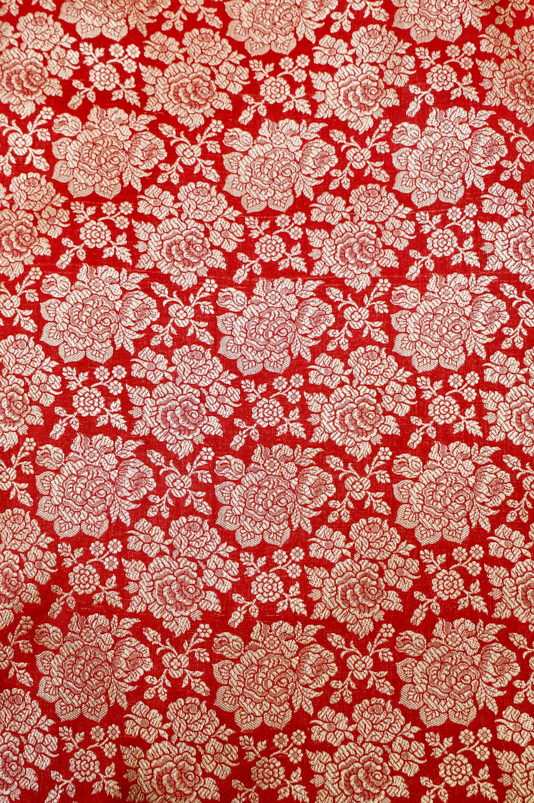 Pure Brocade Banarasi Rose Jaal Fabric in Red - Khinkhwab