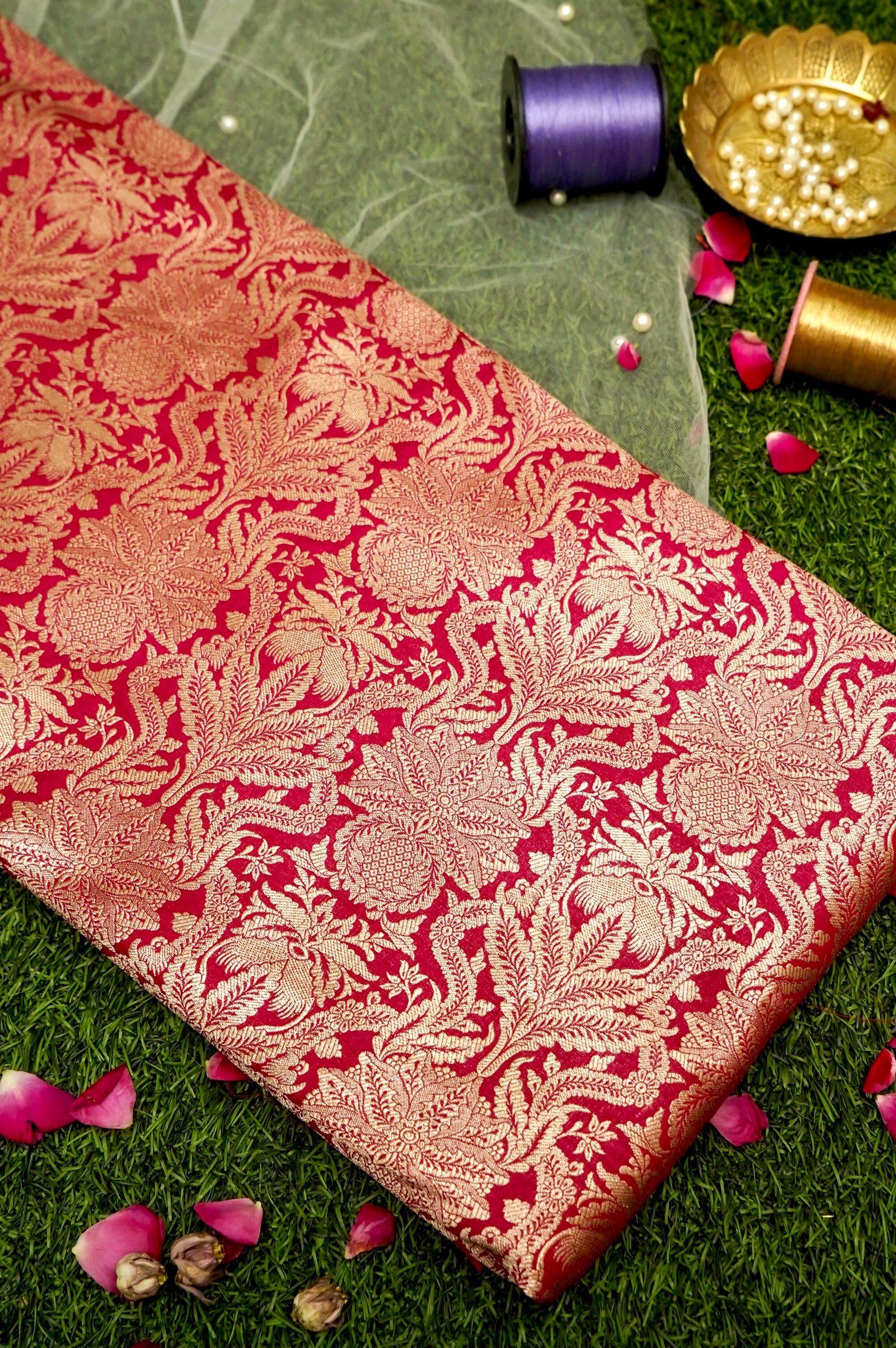 Pure Brocade Banarasi Anaar Jaal Fabric in Red
