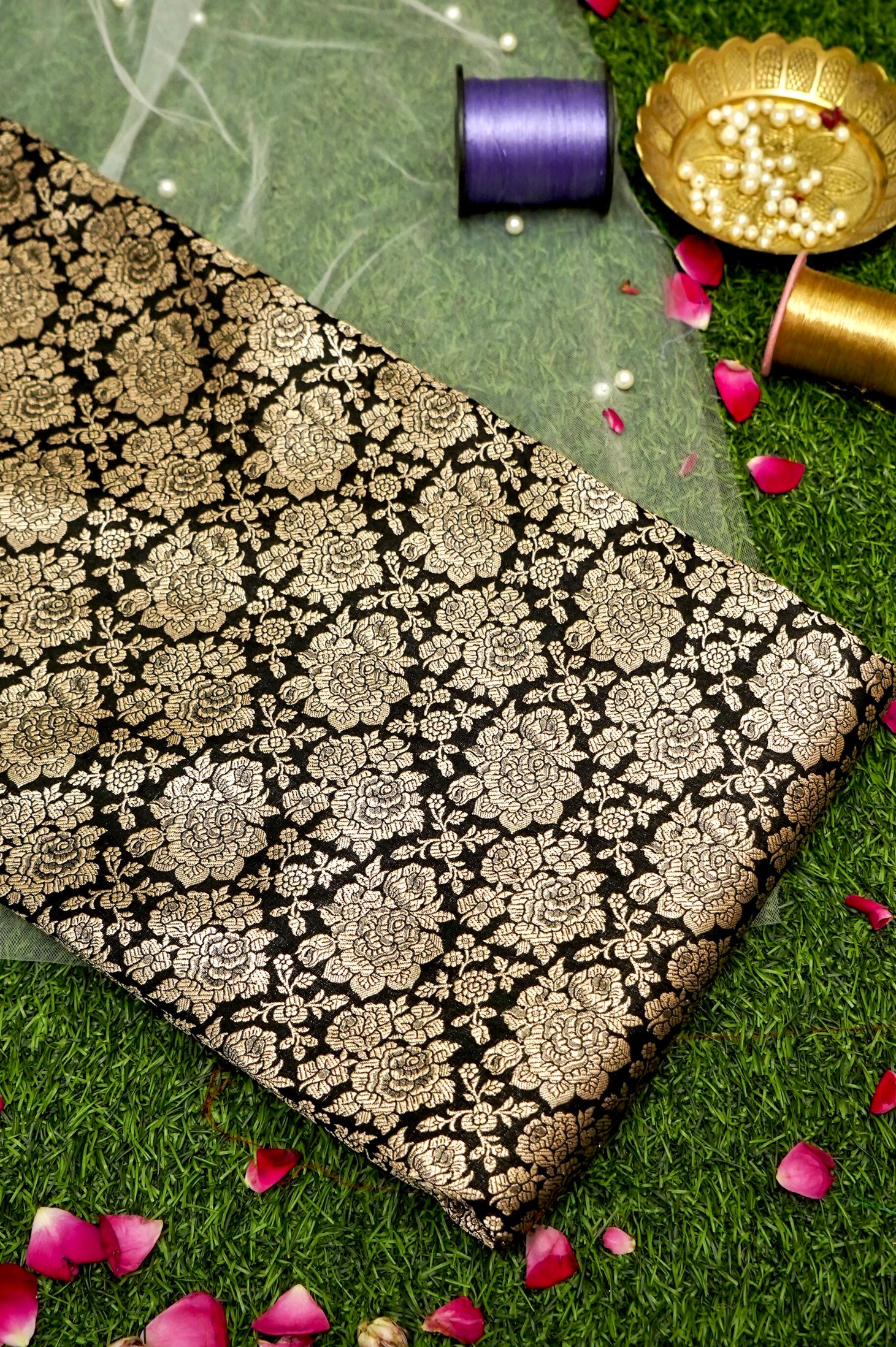 Pure Brocade Banarasi Rose Jaal Fabric in Black - Khinkhwab
