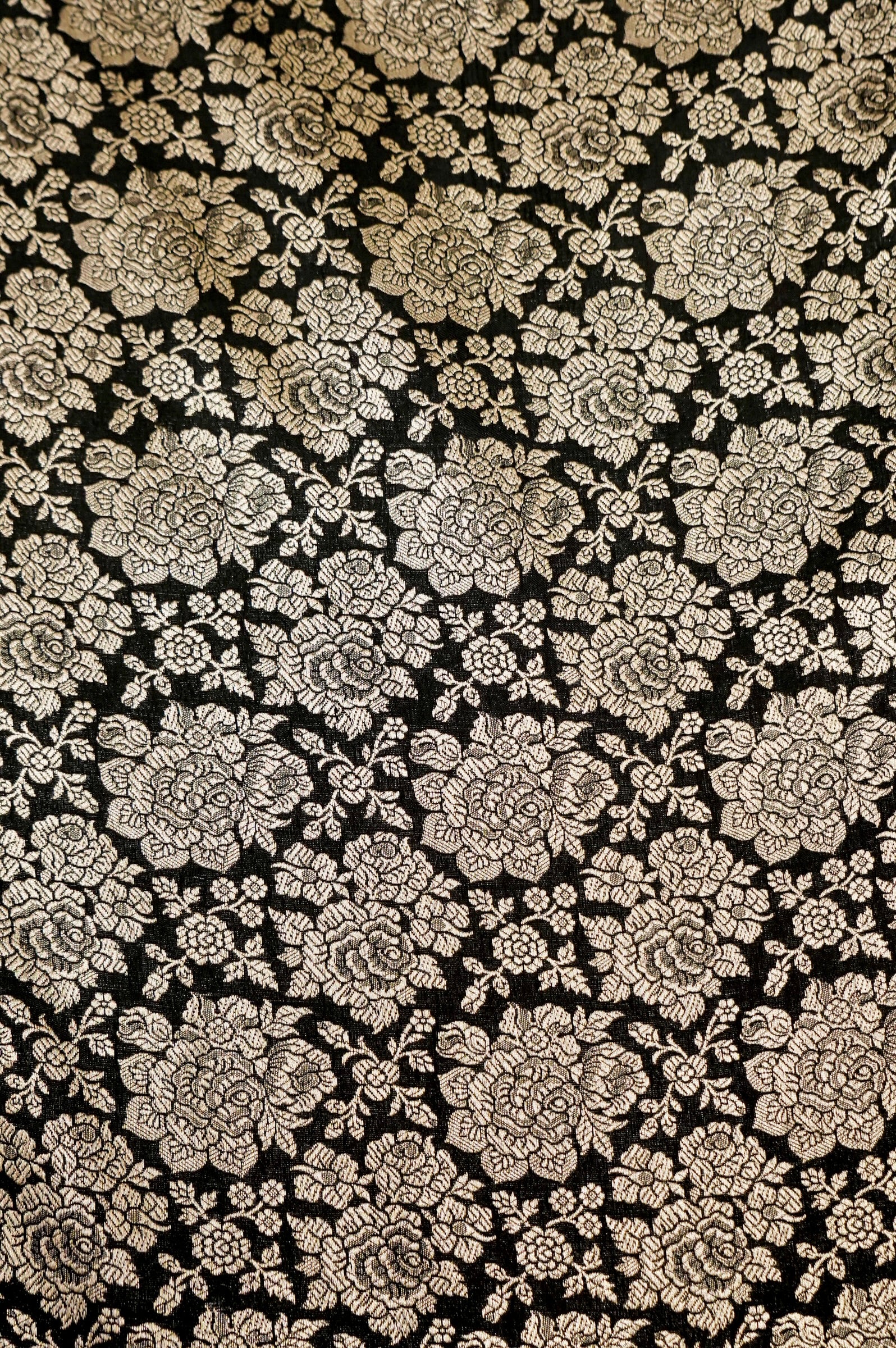 Pure Brocade Banarasi Rose Jaal Fabric in Black - Khinkhwab