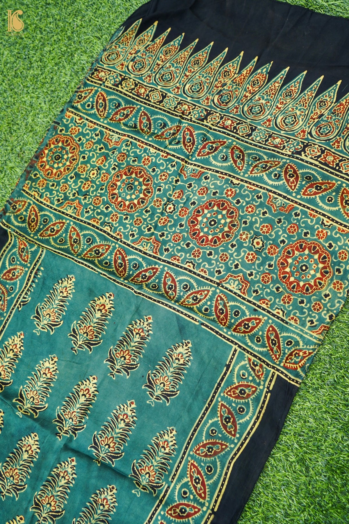 Hand Block Ajrakh Modal Silk Stole in Teal Green