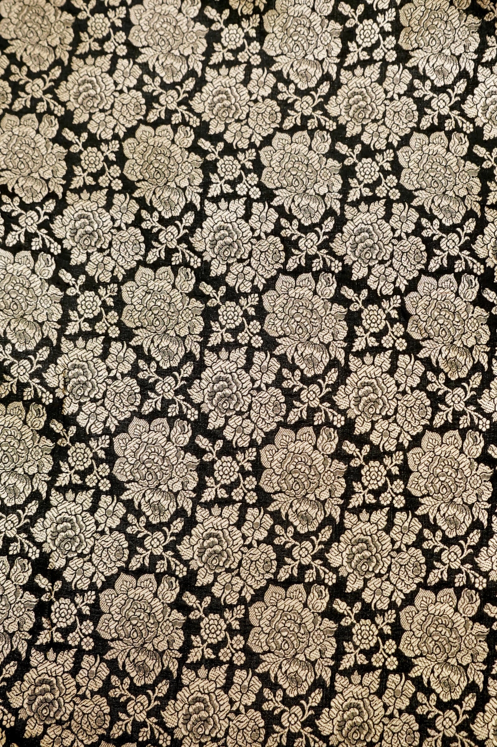 Pure Brocade Banarasi Rose Jaal Fabric in Black - Khinkhwab