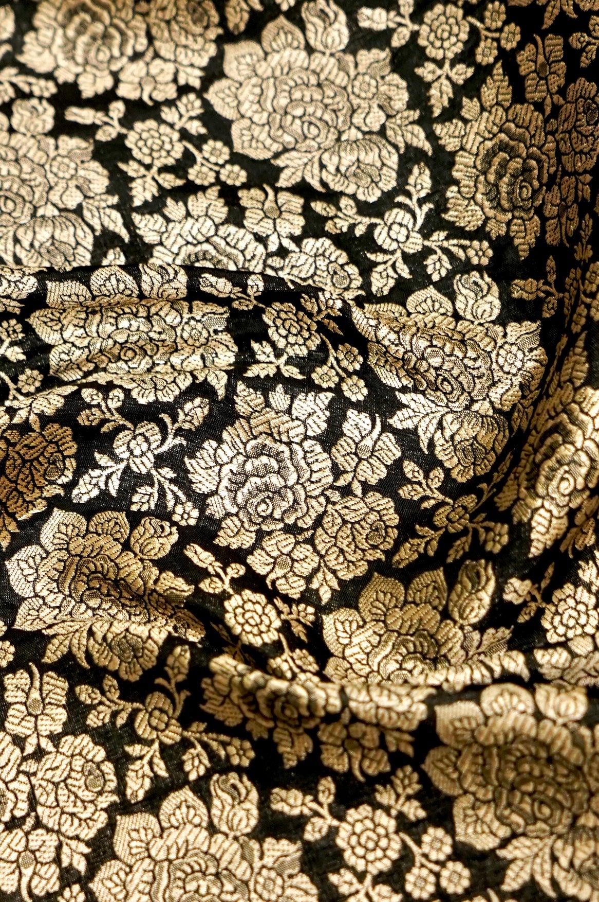 Pure Brocade Banarasi Rose Jaal Fabric in Black - Khinkhwab