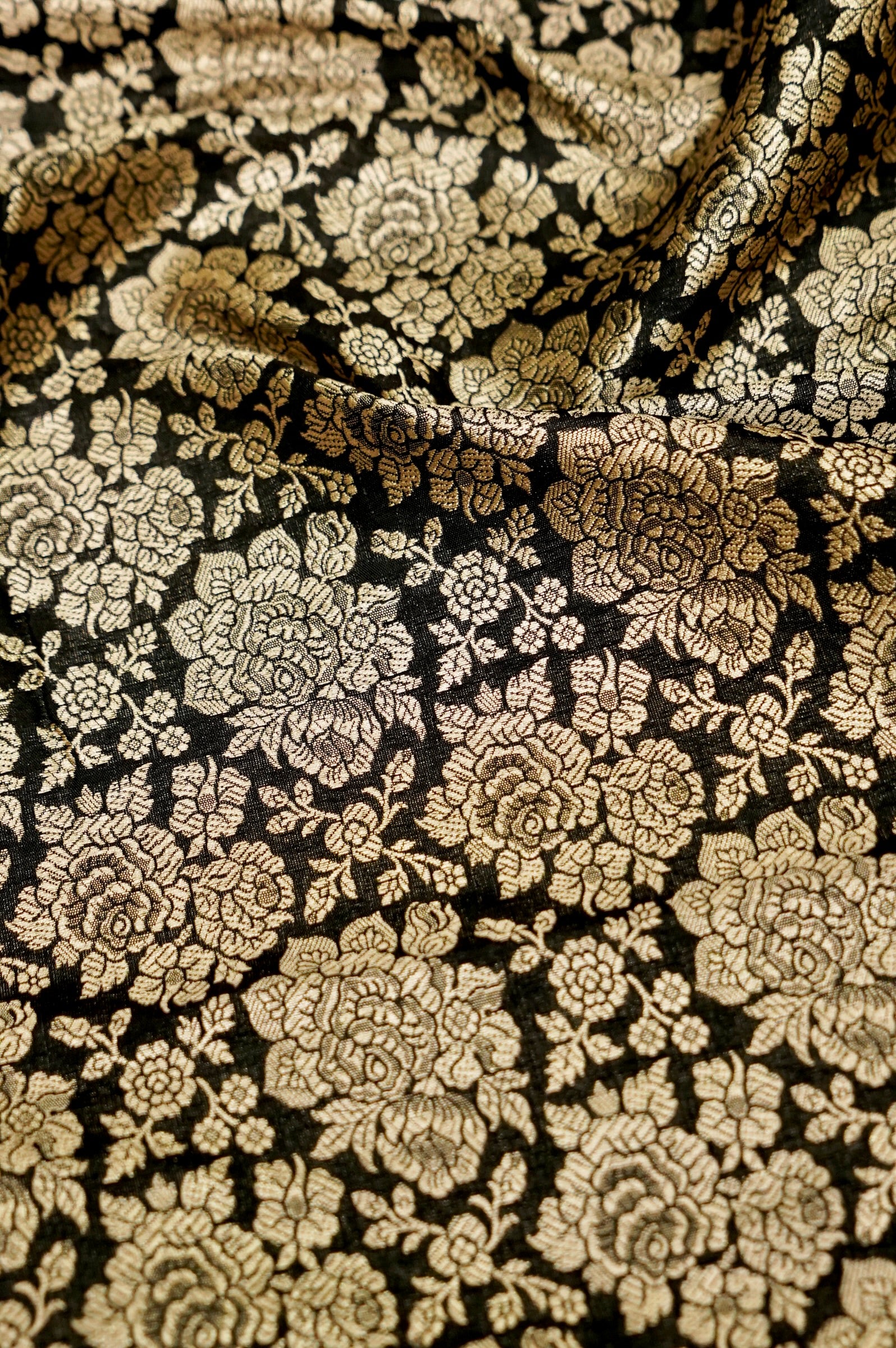 Pure Brocade Banarasi Rose Jaal Fabric in Black - Khinkhwab