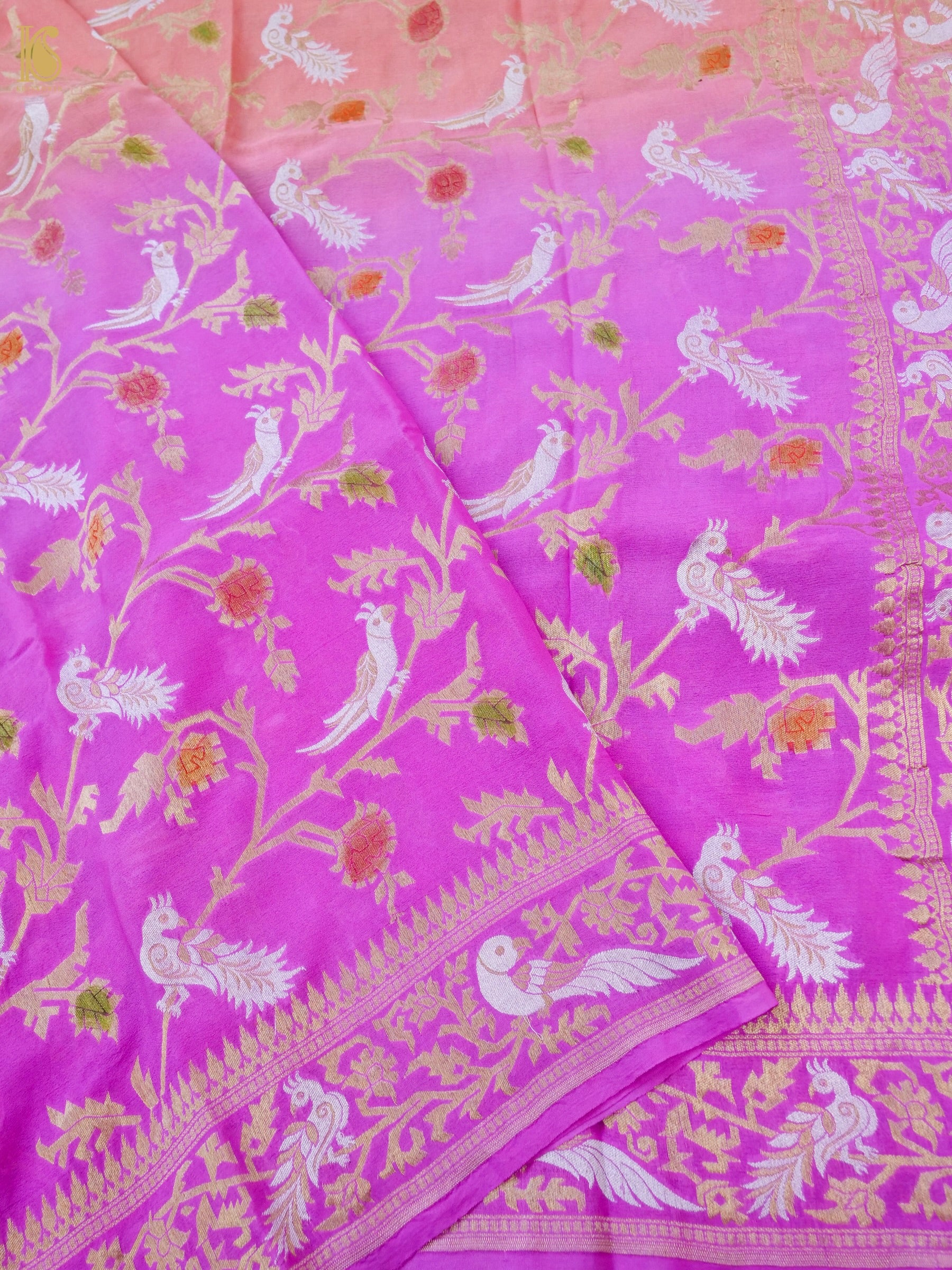 Banarasi Georgette Meenakari Dupatta in Pink and Orange - Birds of Paradise