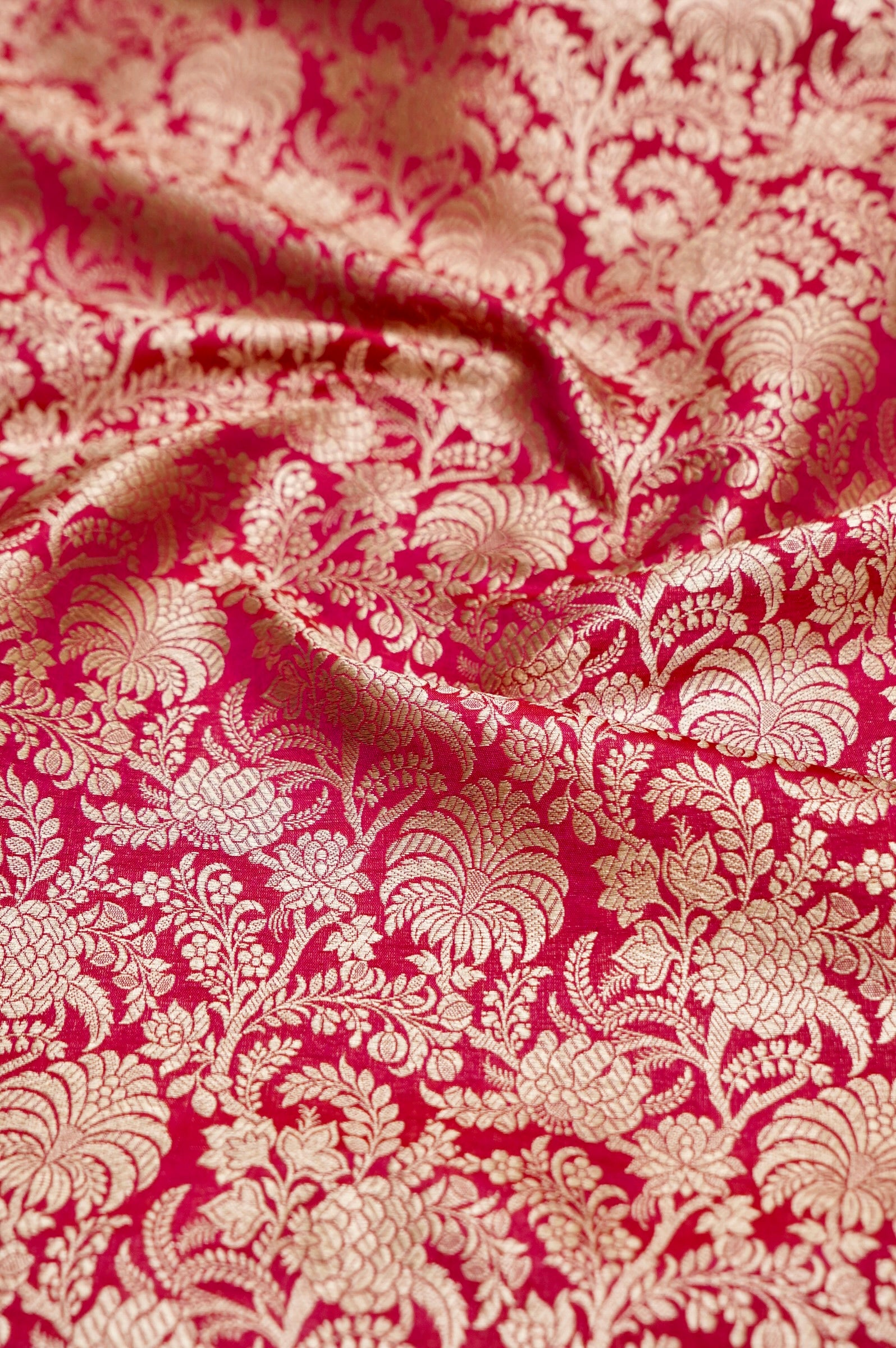 Pure Brocade Banarasi Palm Jaal Fabric in Pink - Khinkhwab