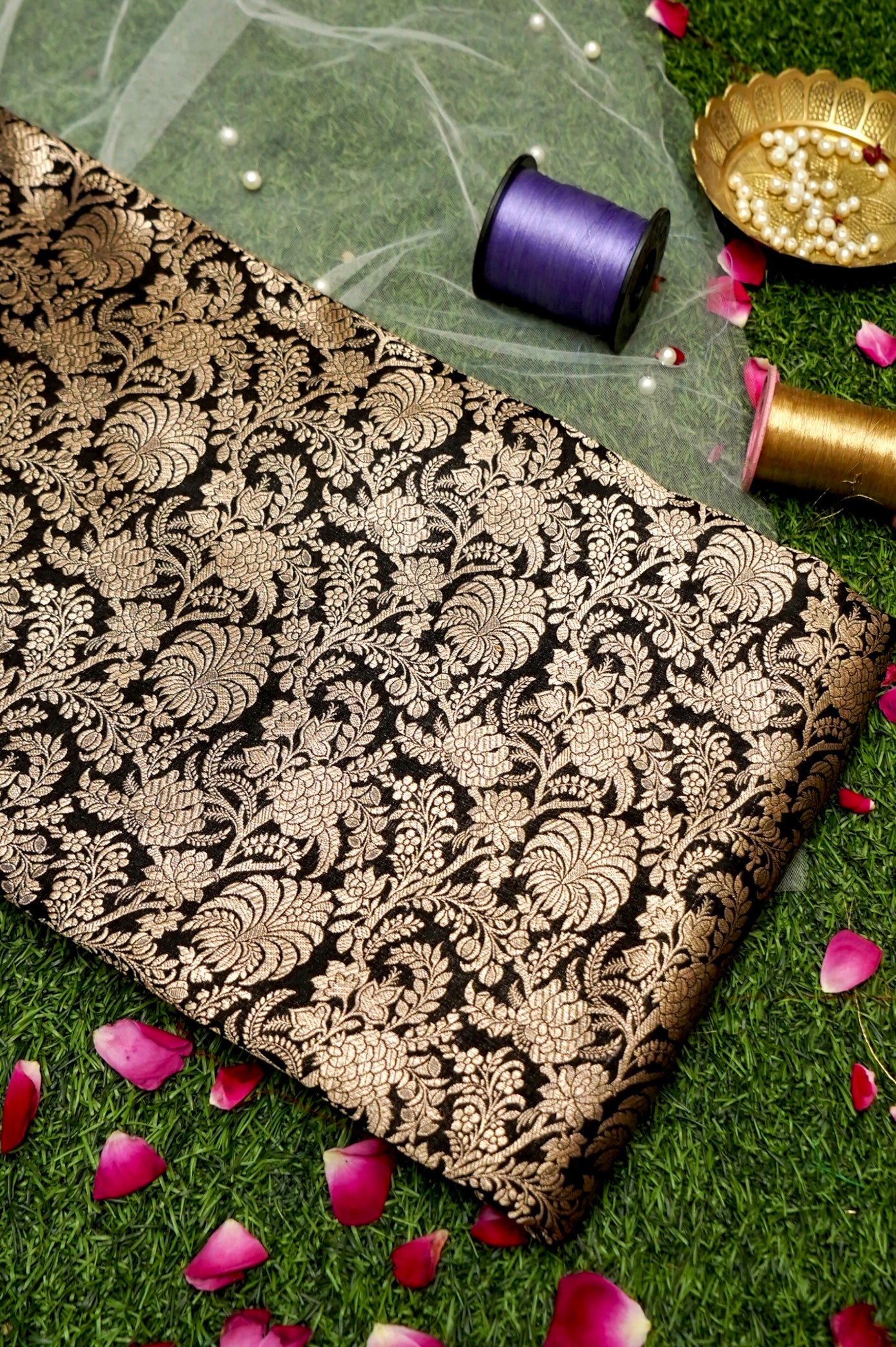 Pure Brocade Banarasi Palm Jaal Fabric in Black - Khinkhwab