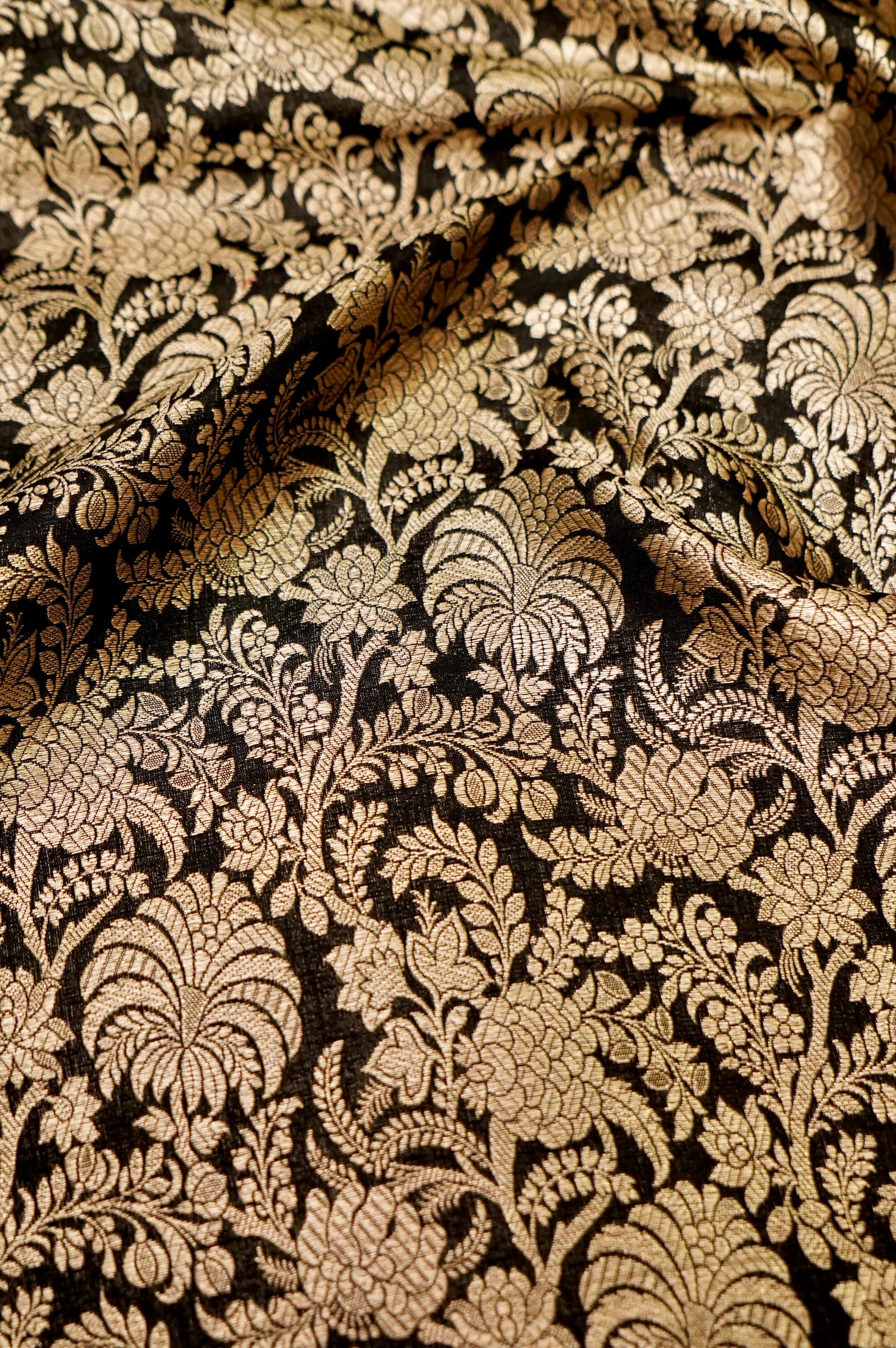Pure Brocade Banarasi Palm Jaal Fabric in Black - Khinkhwab