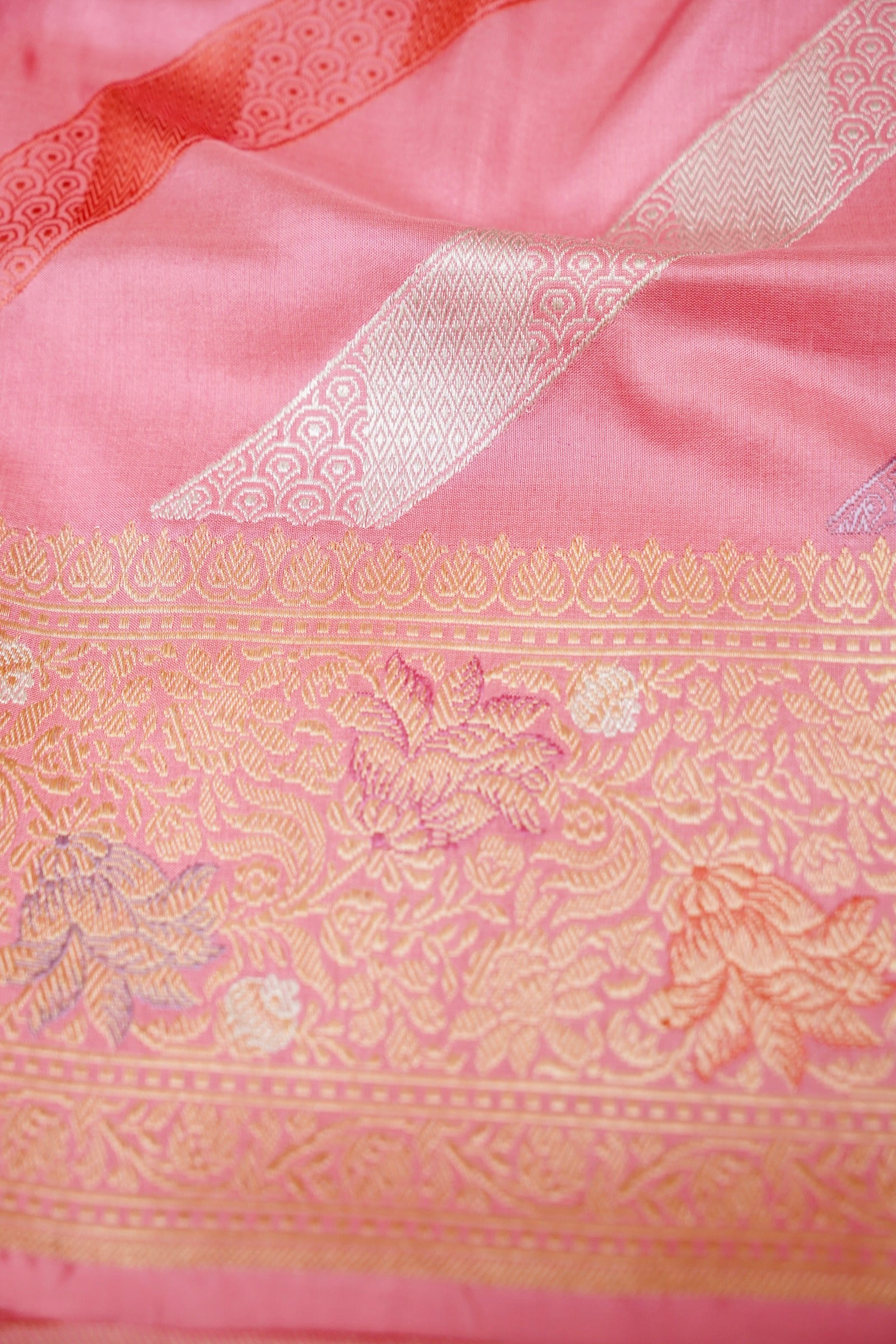 Banarasi Katan Silk Kadwa Leheriya Handloom Saree in Pink - Khinkhwab