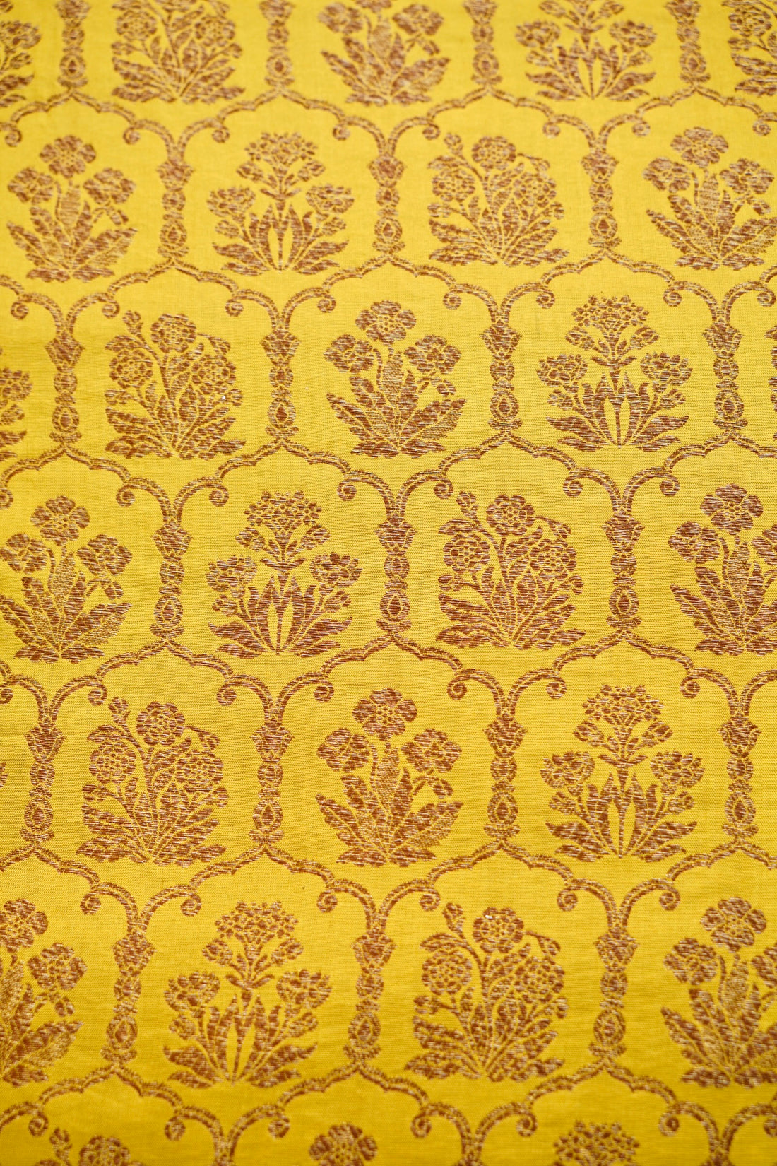 Pure Brocade Banarasi Fabric in Yellow Floral Jaal - Khinkhwab