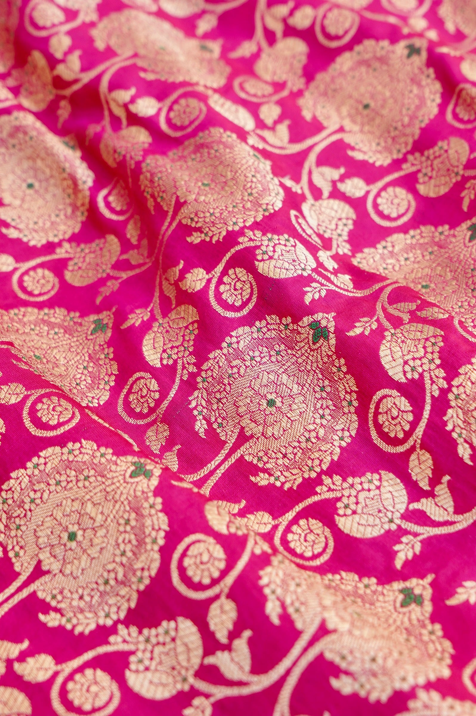 Pure Brocade Banarasi Peony Vine Fabric in Pink - Khinkhwab