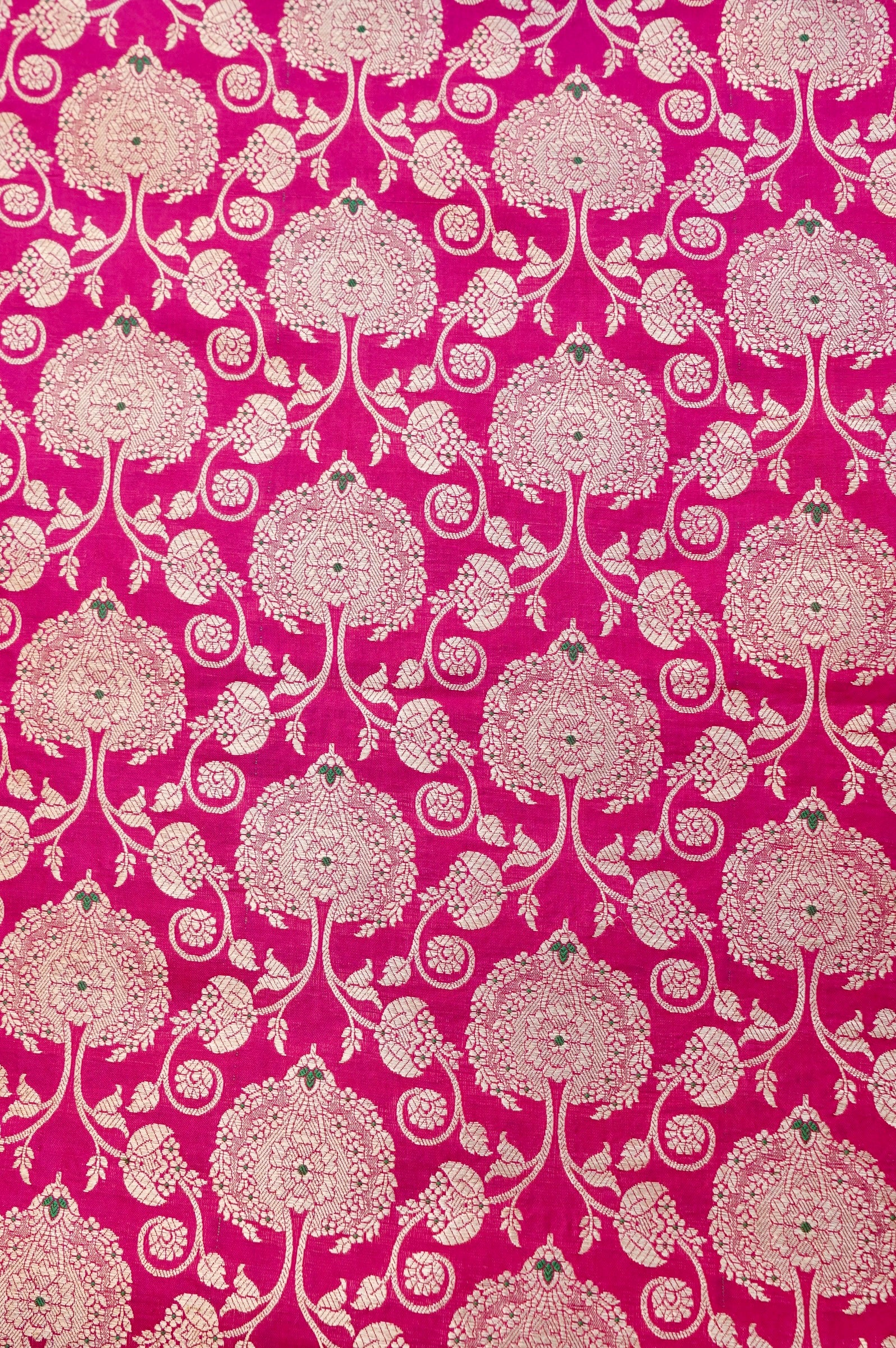 Pure Brocade Banarasi Peony Vine Fabric in Pink - Khinkhwab