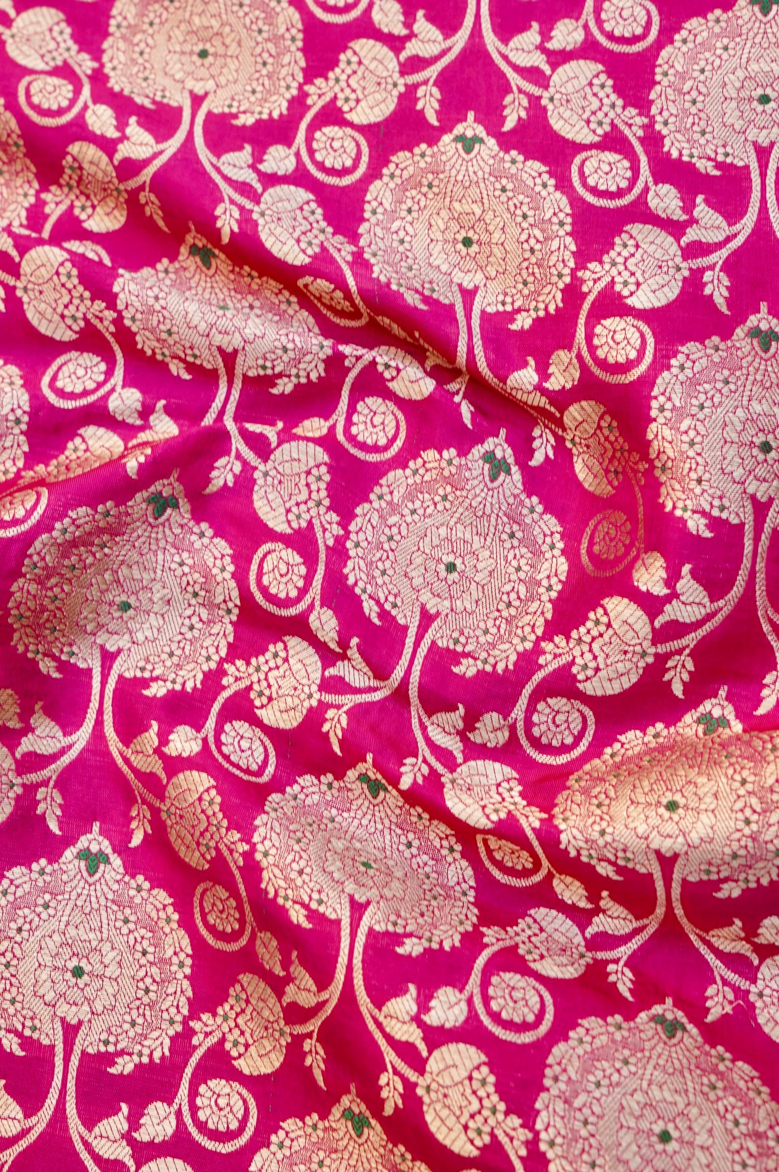 Pure Brocade Banarasi Peony Vine Fabric in Pink - Khinkhwab