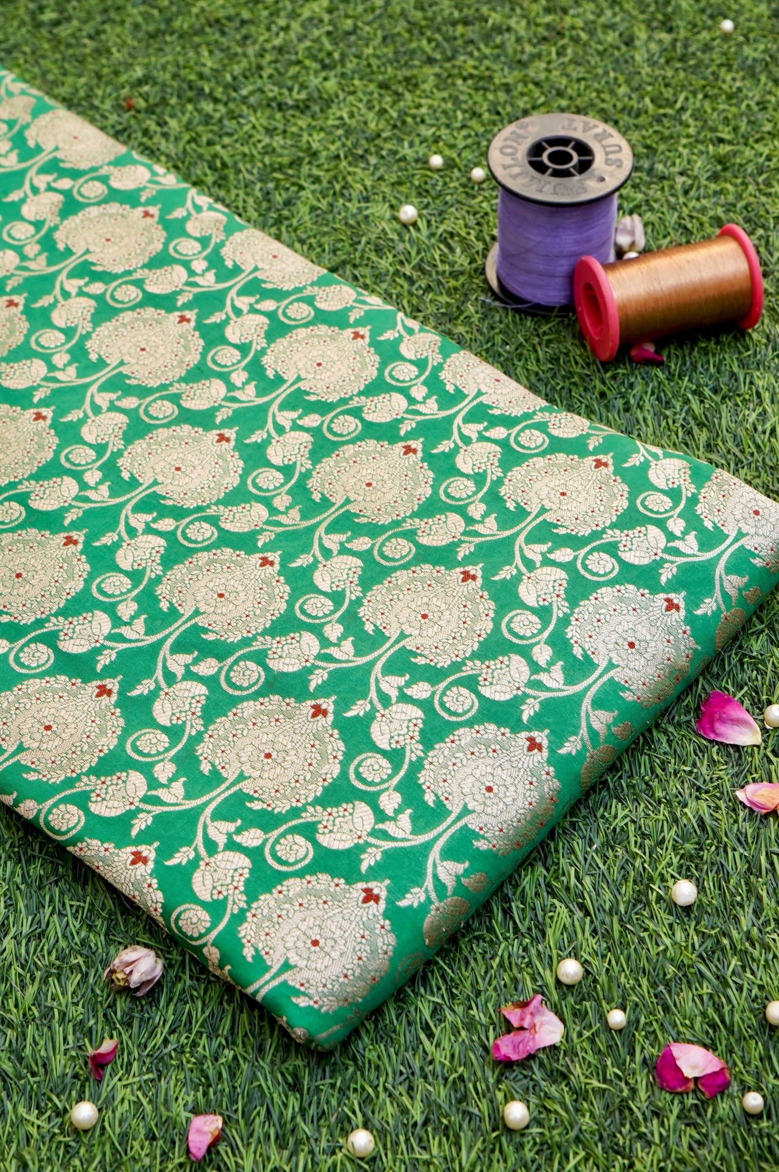 Pure Brocade Banarasi Peony Vine Fabric in Green - Khinkhwab