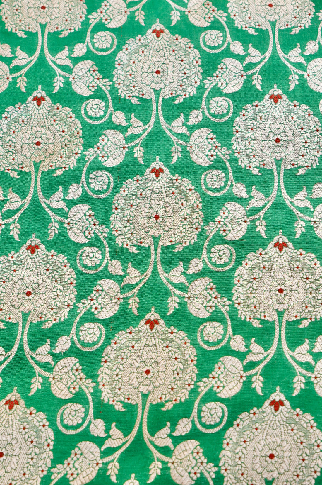 Pure Brocade Banarasi Peony Vine Fabric in Green - Khinkhwab