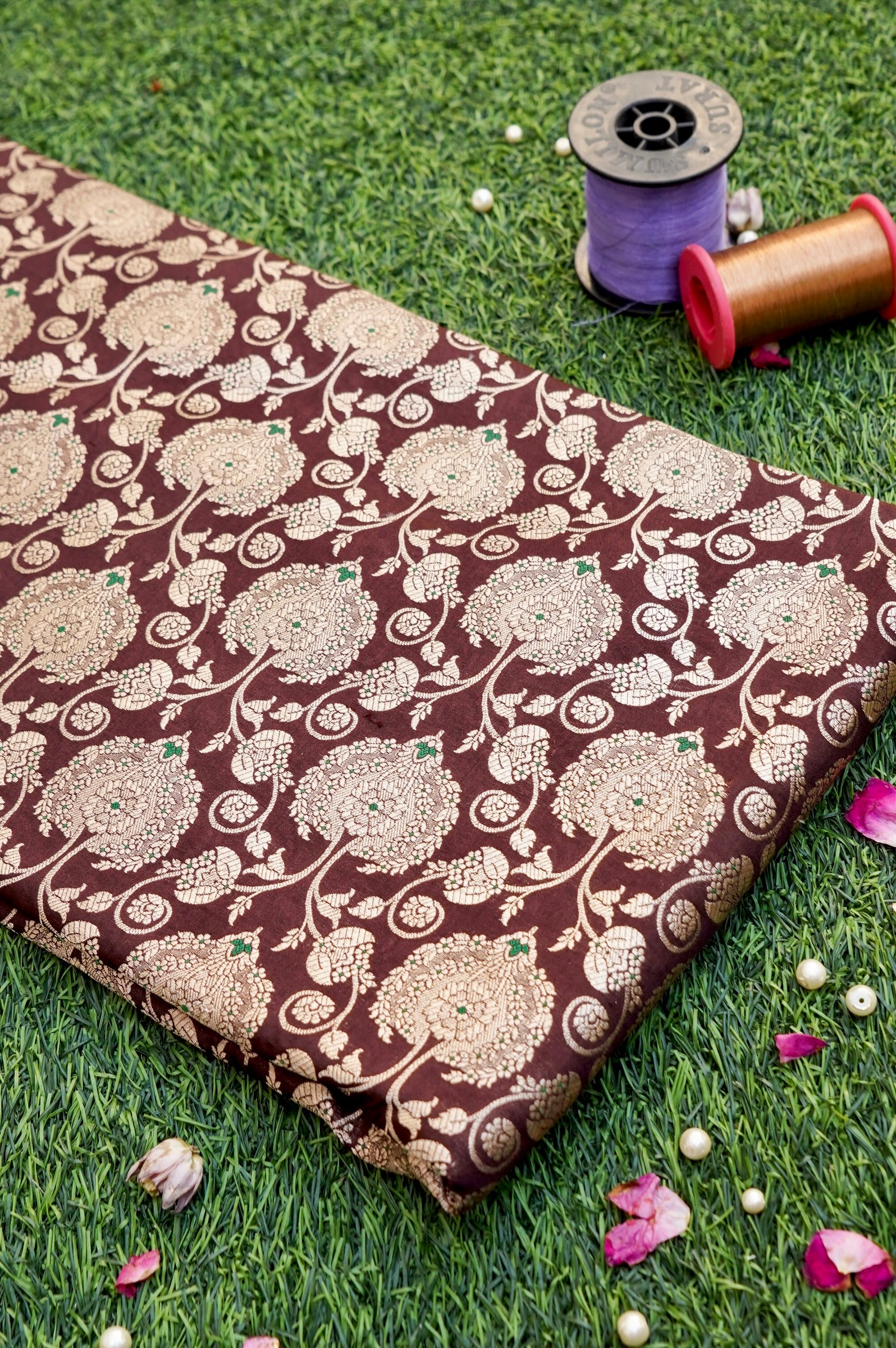 Pure Brocade Banarasi Peony Vine Fabric in Brown - Khinkhwab