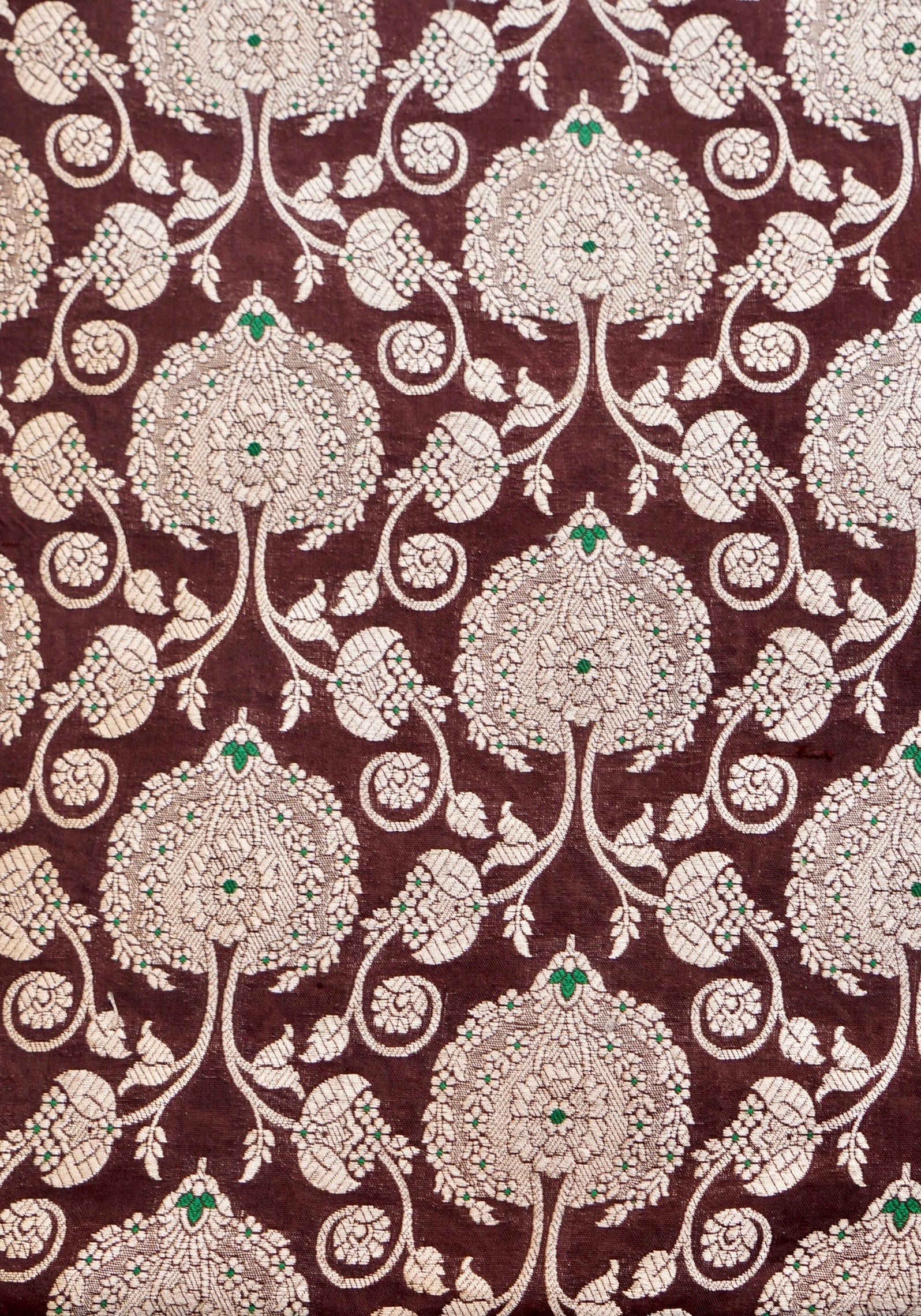 Pure Brocade Banarasi Peony Vine Fabric in Brown - Khinkhwab
