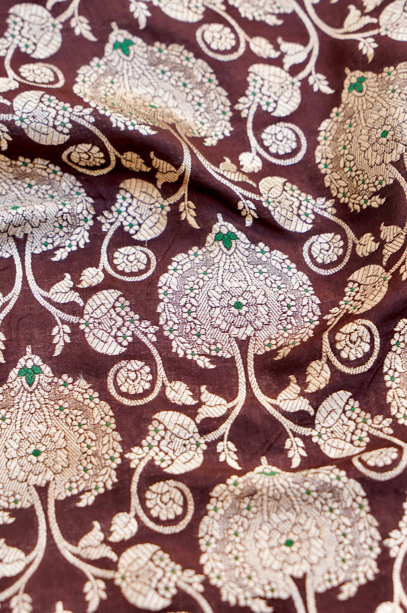 Pure Brocade Banarasi Peony Vine Fabric in Brown - Khinkhwab