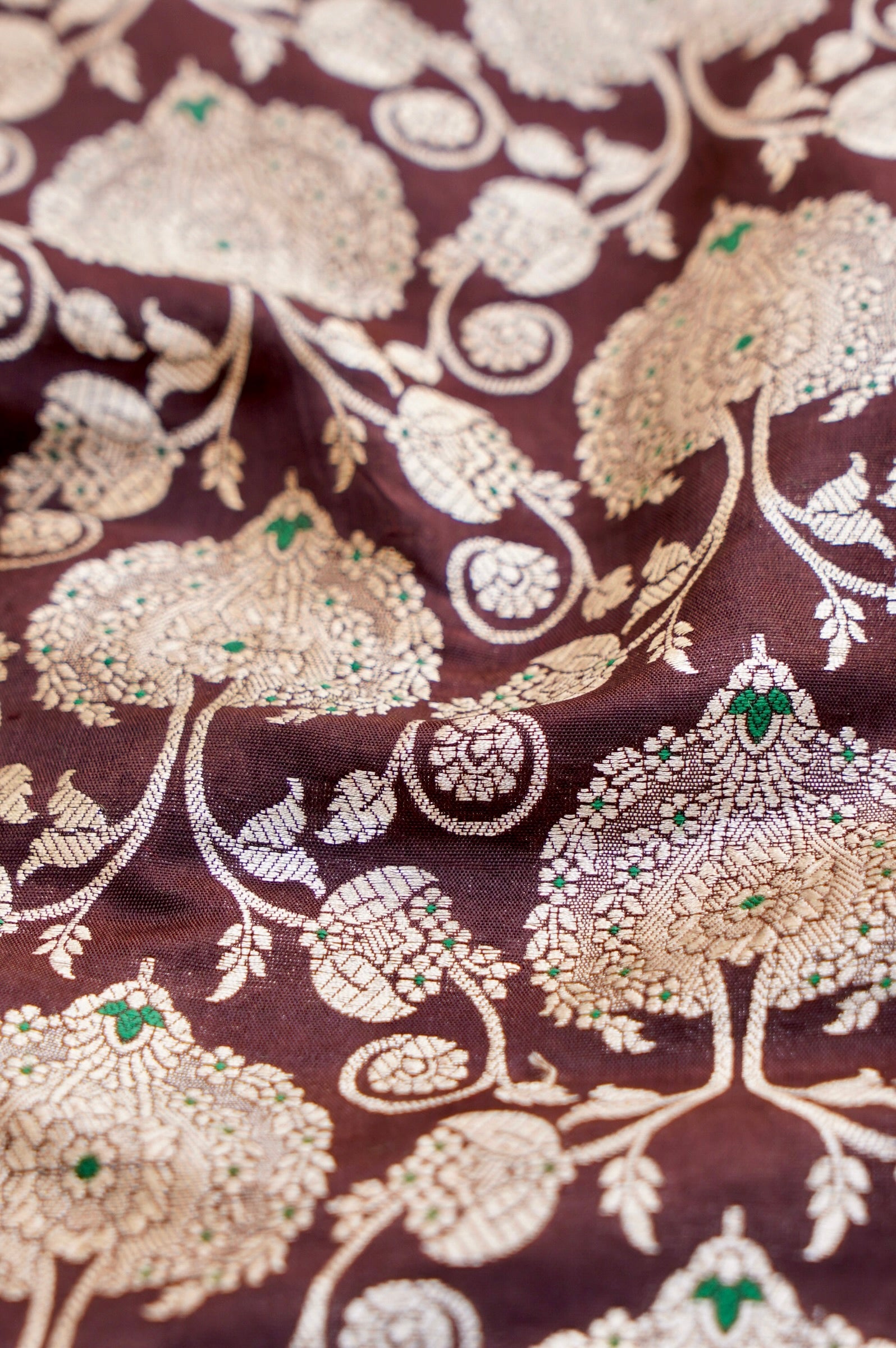 Pure Brocade Banarasi Peony Vine Fabric in Brown - Khinkhwab
