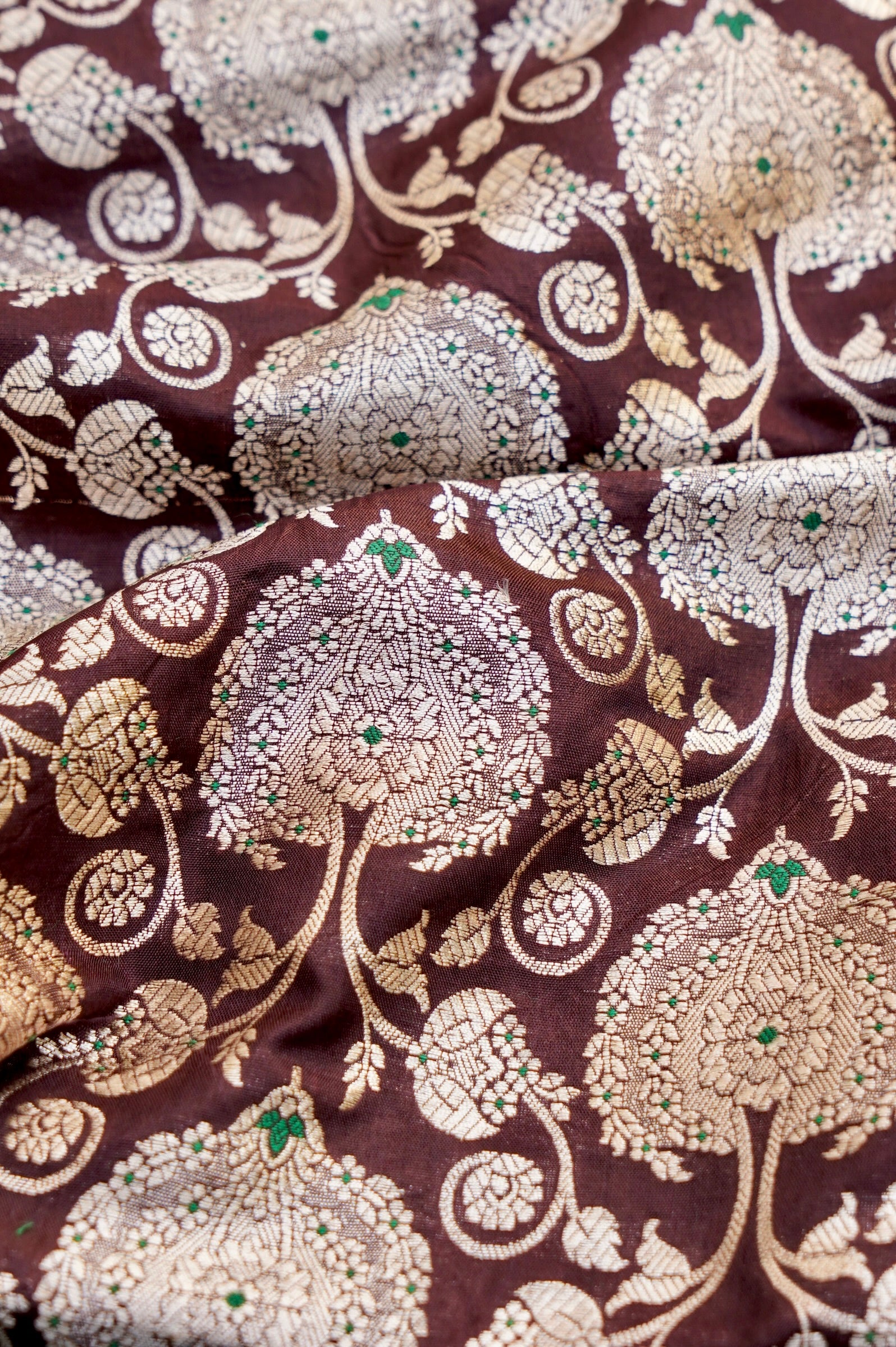 Pure Brocade Banarasi Peony Vine Fabric in Brown - Khinkhwab