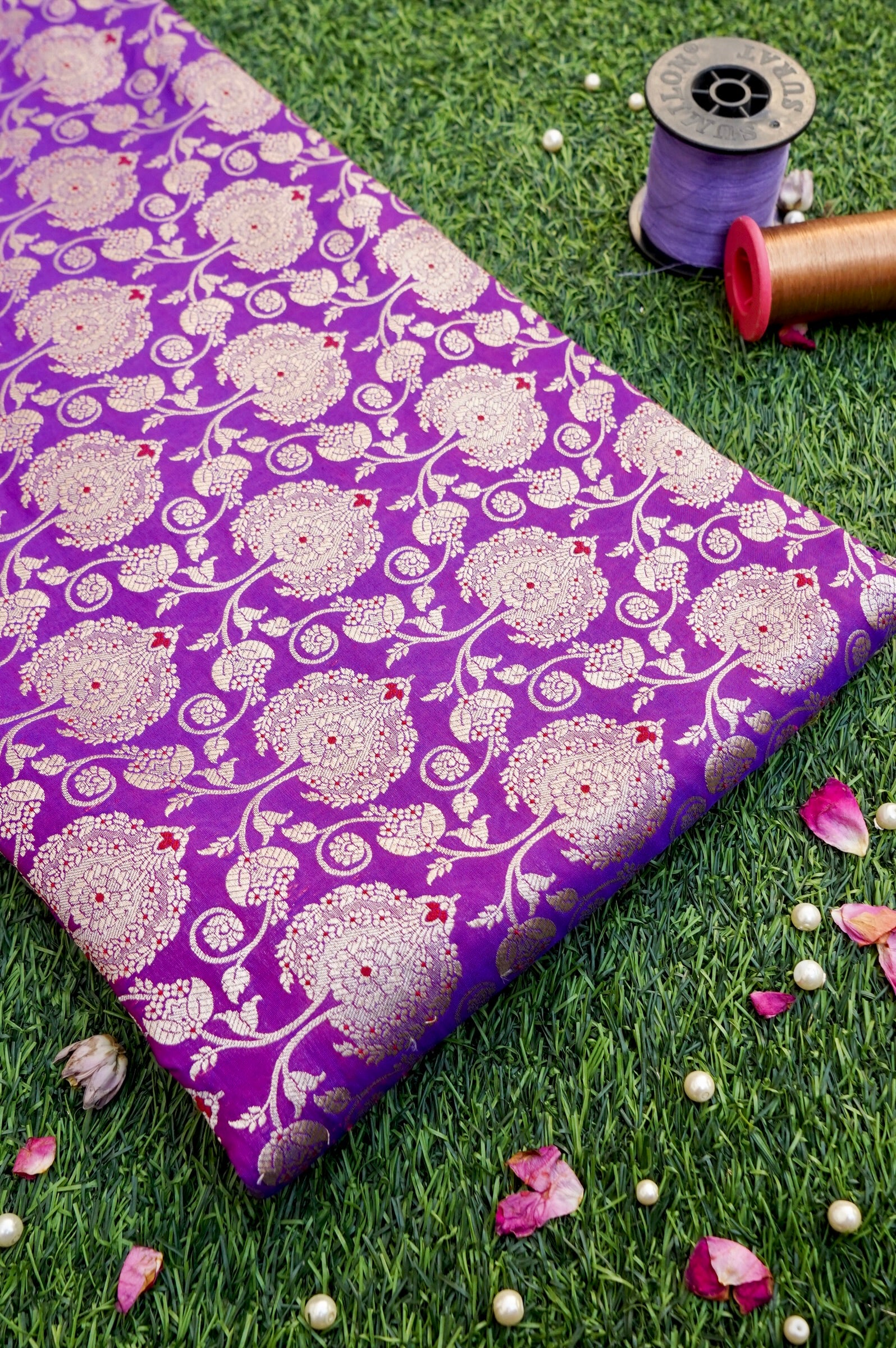 Pure Brocade Banarasi Peony Vine Fabric in Purple - Khinkhwab