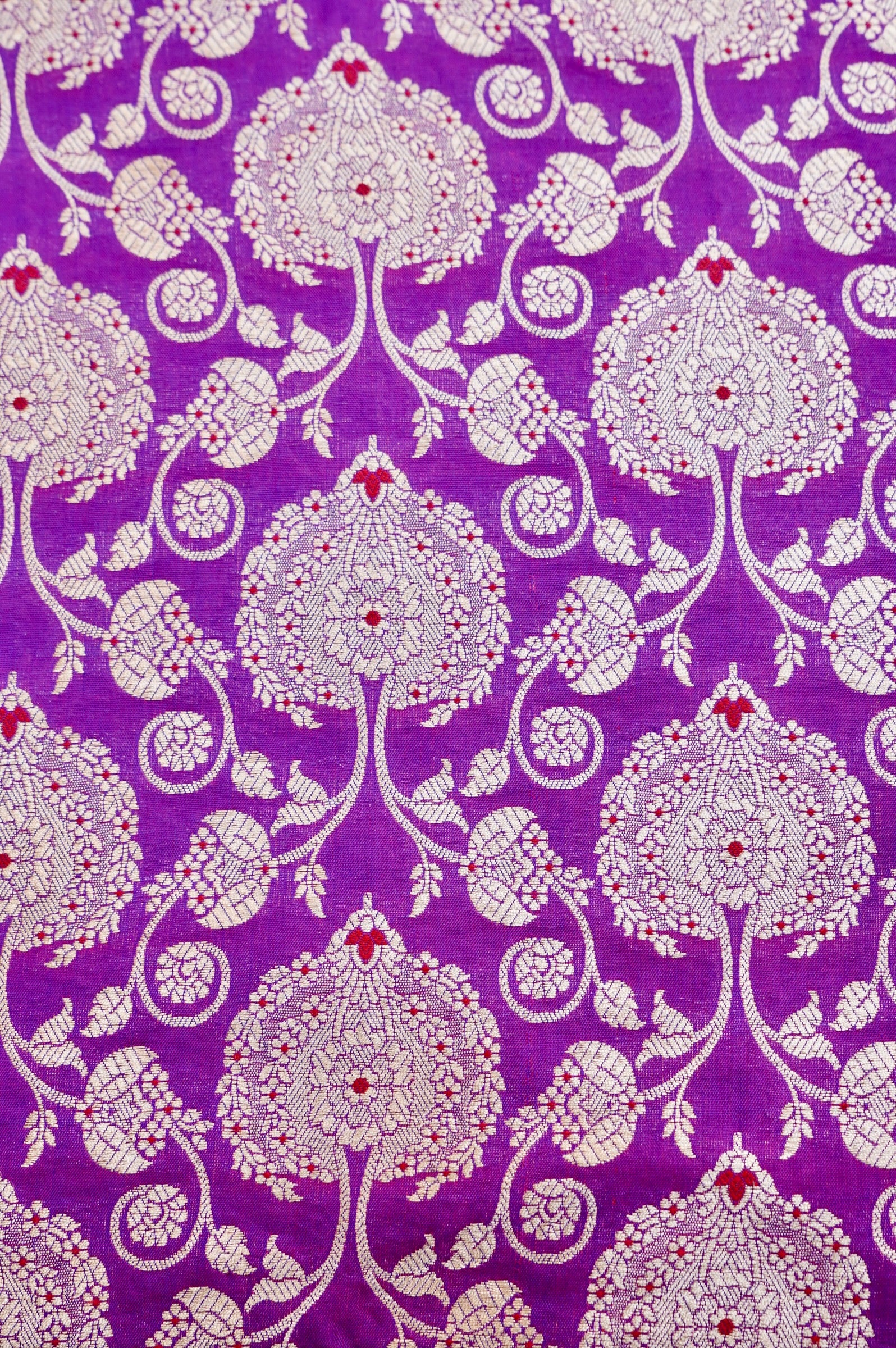 Pure Brocade Banarasi Peony Vine Fabric in Purple - Khinkhwab