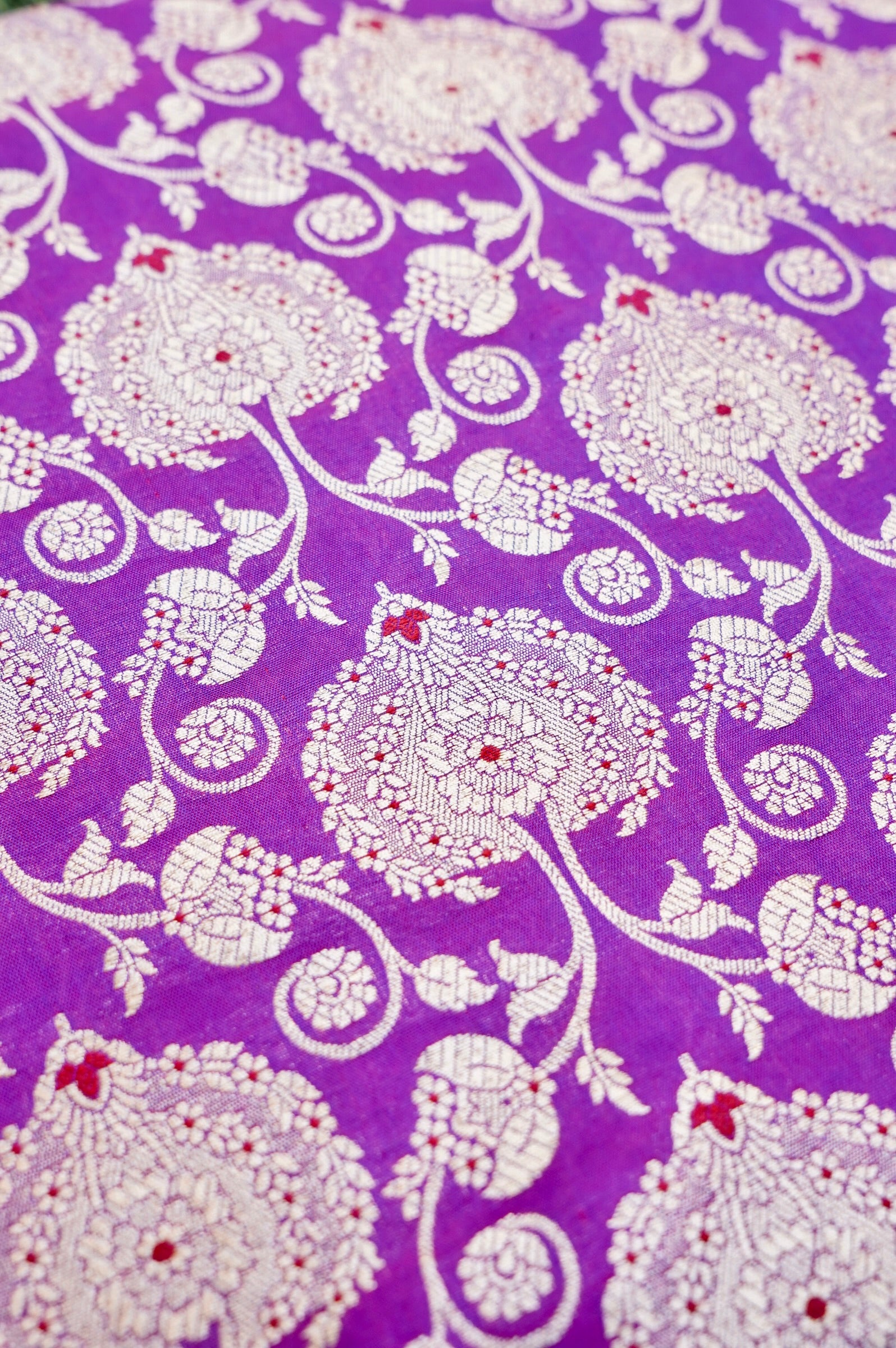 Pure Brocade Banarasi Peony Vine Fabric in Purple - Khinkhwab