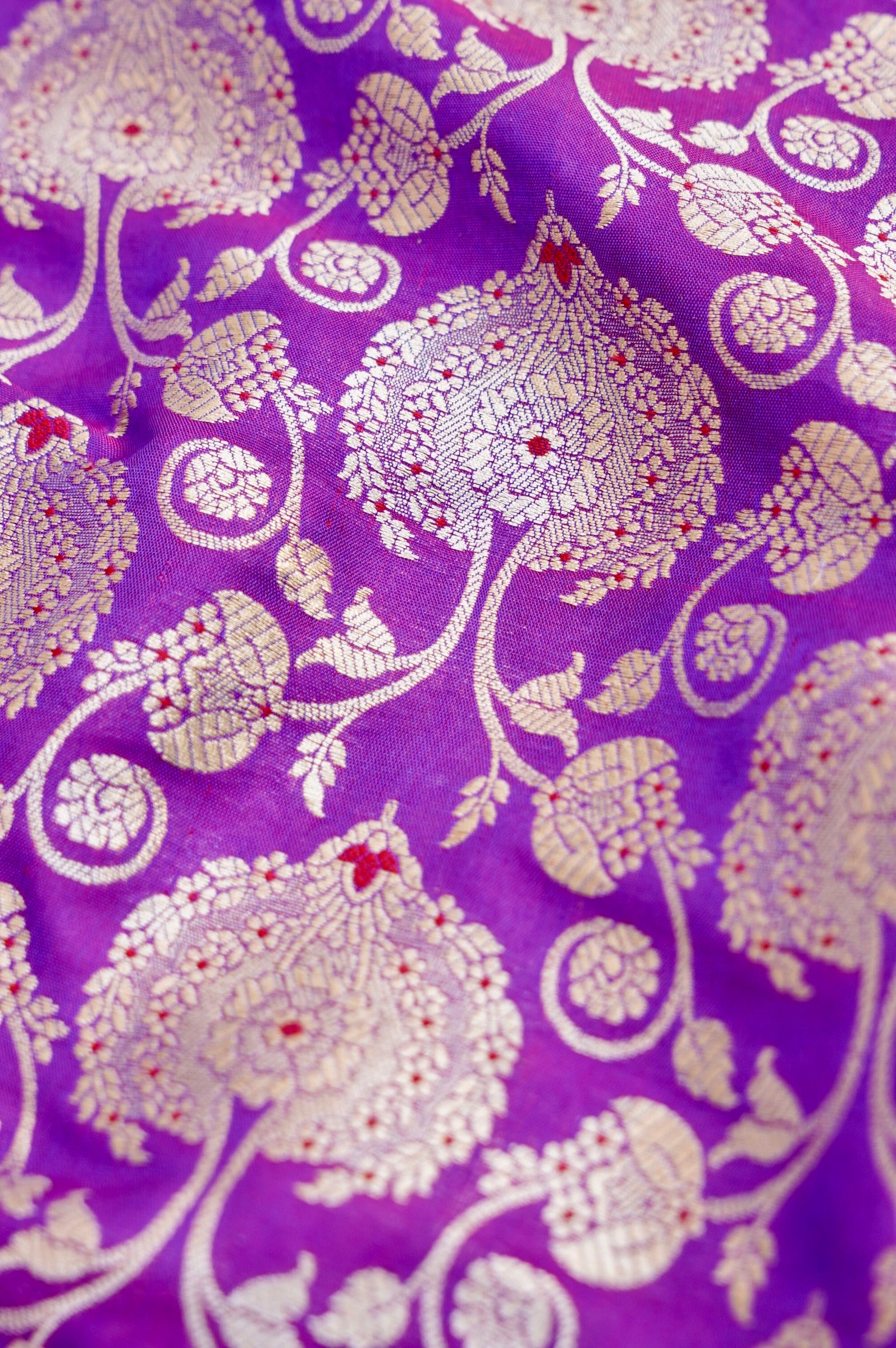 Pure Brocade Banarasi Peony Vine Fabric in Purple - Khinkhwab