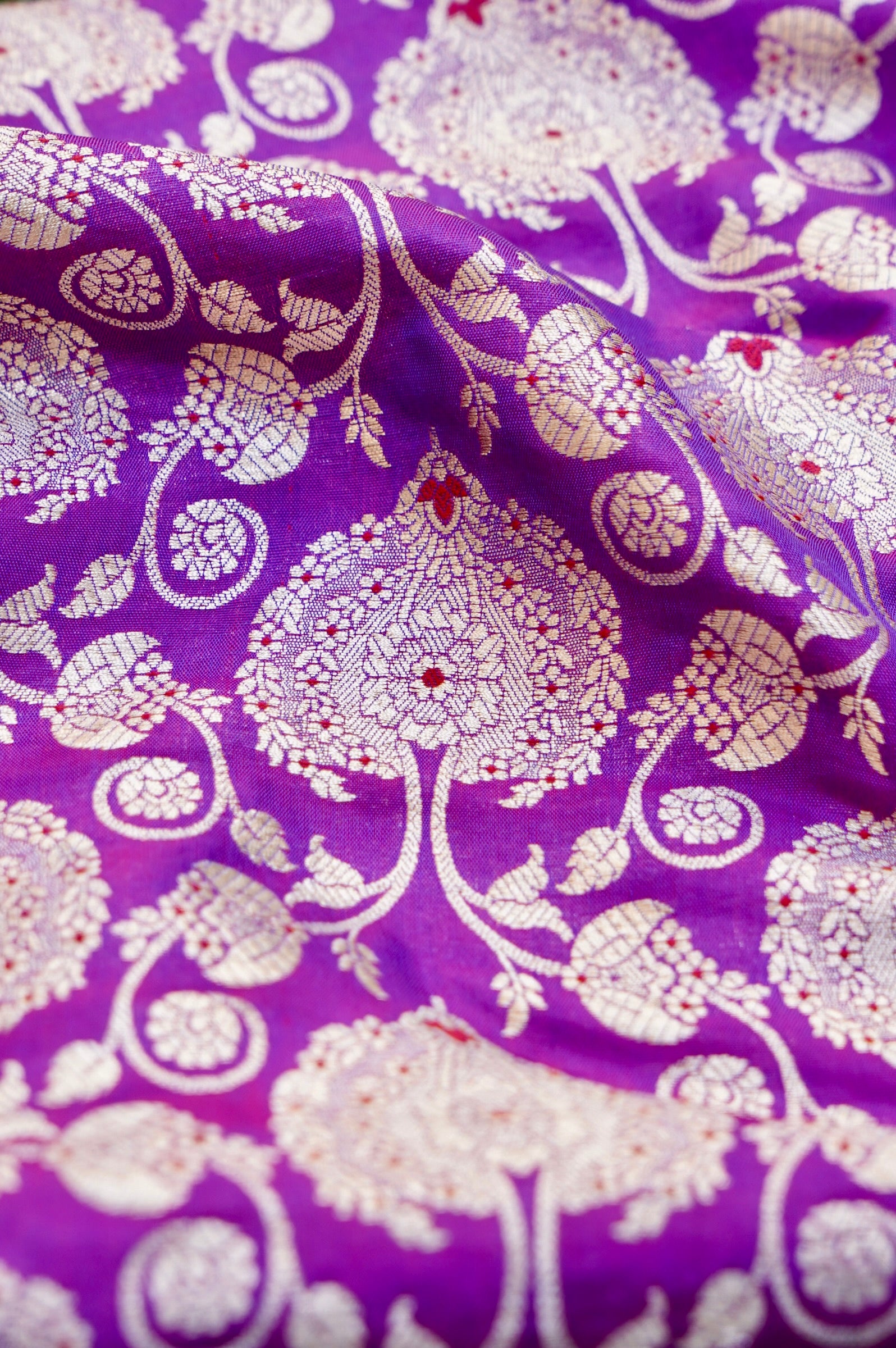 Pure Brocade Banarasi Peony Vine Fabric in Purple - Khinkhwab