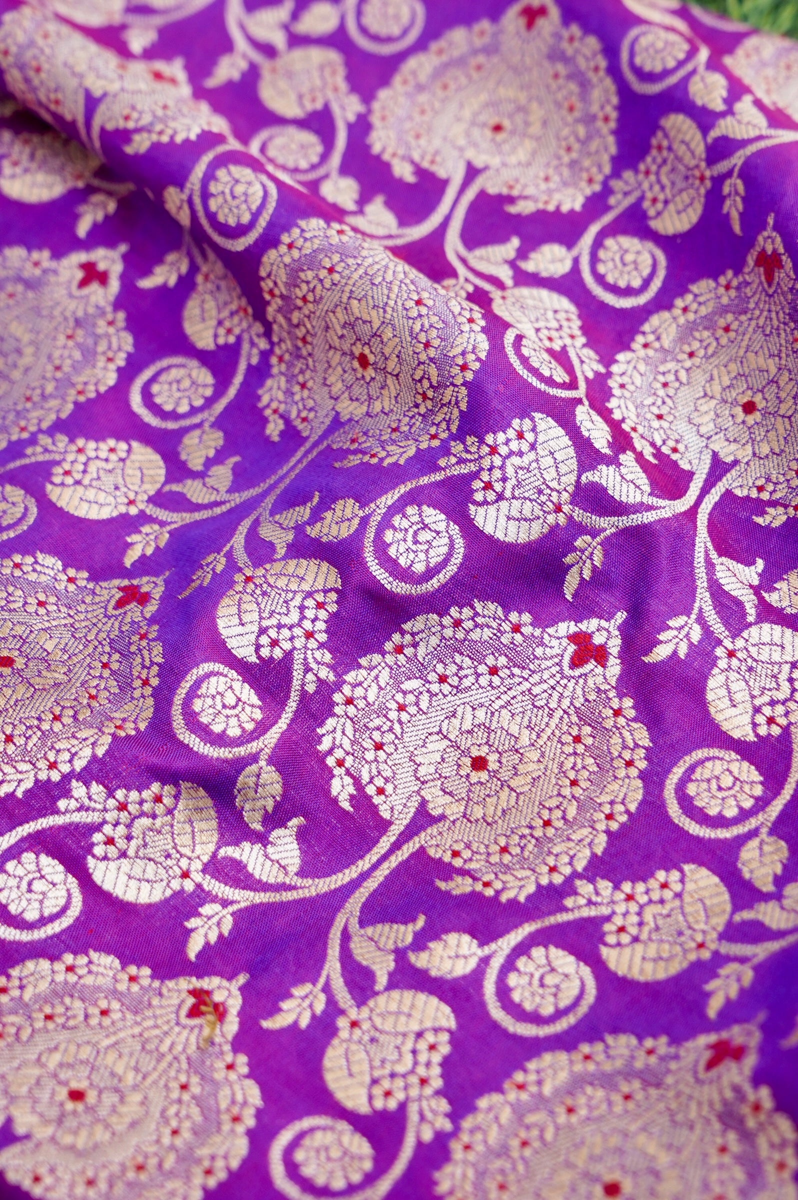Pure Brocade Banarasi Peony Vine Fabric in Purple - Khinkhwab