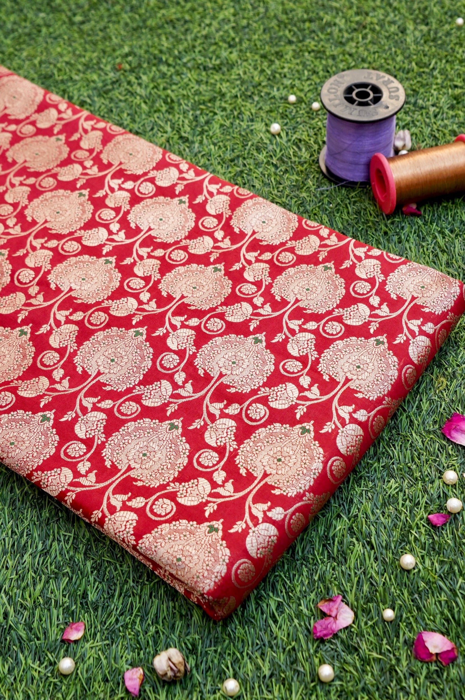 Pure Brocade Banarasi Peony Vine Fabric in Red - Khinkhwab