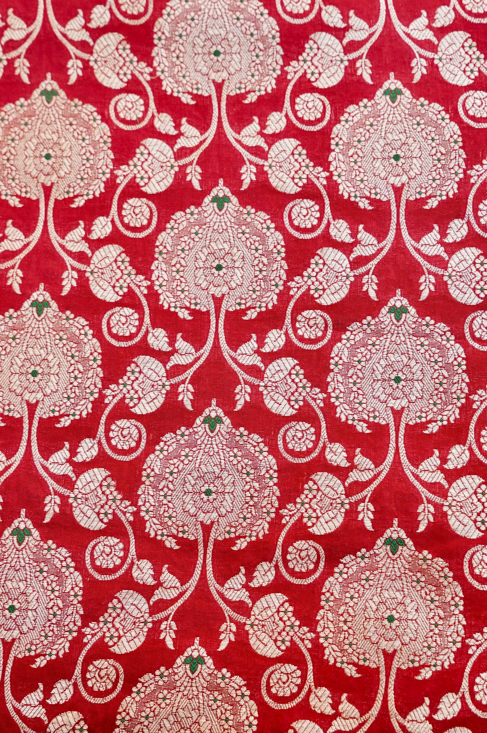 Pure Brocade Banarasi Peony Vine Fabric in Red - Khinkhwab