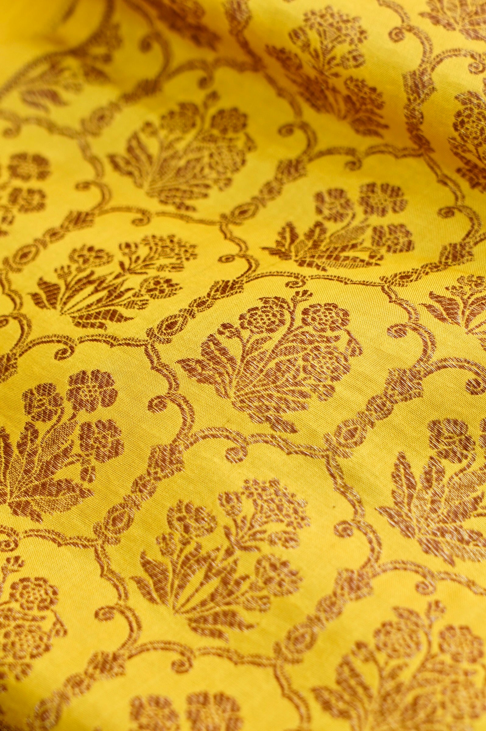 Pure Brocade Banarasi Fabric in Yellow Floral Jaal - Khinkhwab