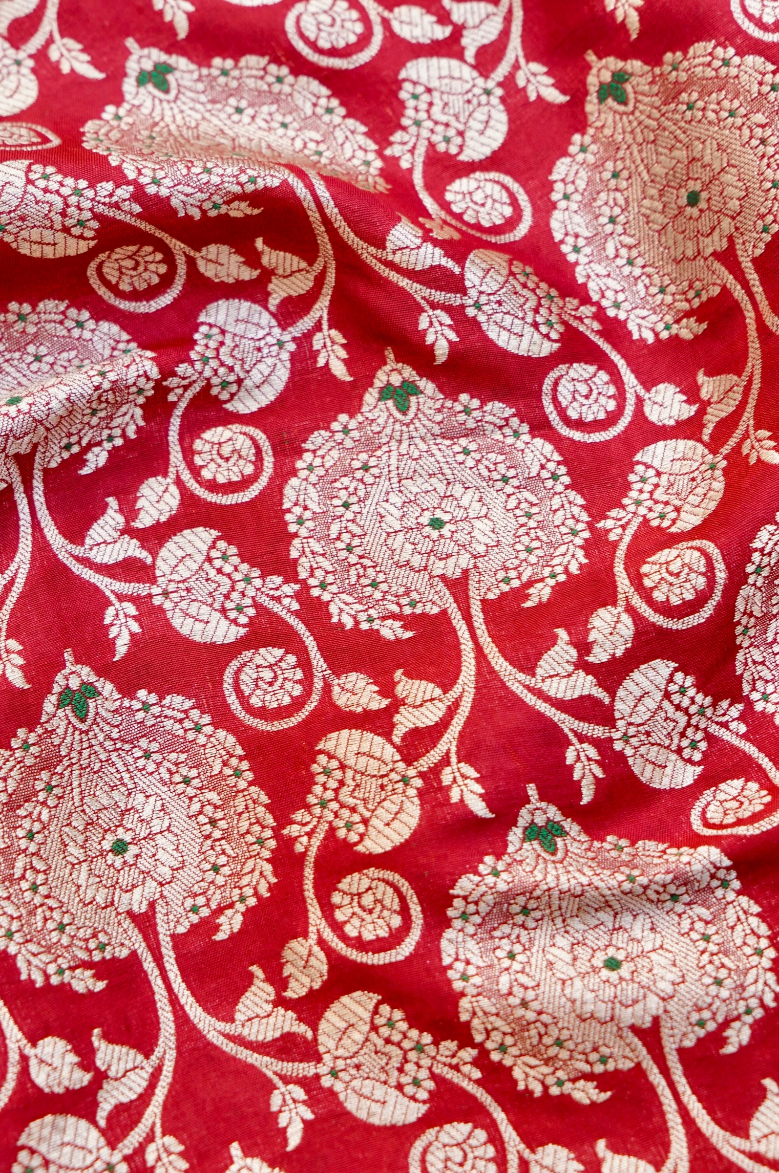 Pure Brocade Banarasi Peony Vine Fabric in Red - Khinkhwab